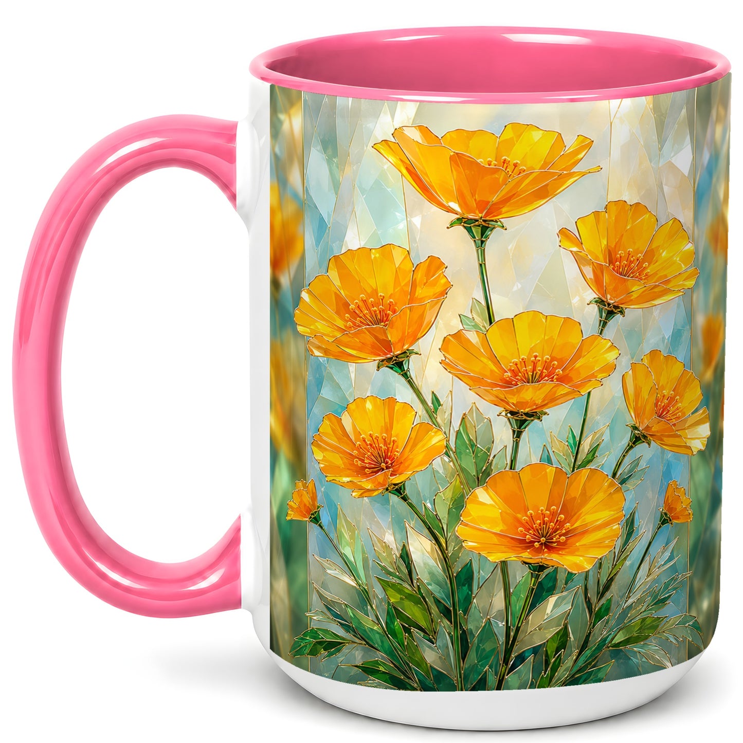 #pl[15oz|Pink] Orange Poppy Coffee Mug, Stained Glass Style Mug, Ceramic Cup