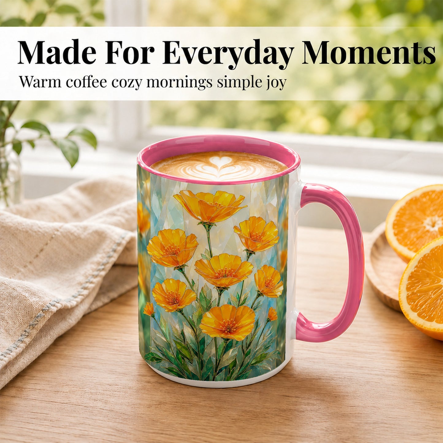 #pl[15oz|Pink] Orange Poppy Coffee Mug, Stained Glass Style Mug, Ceramic Cup