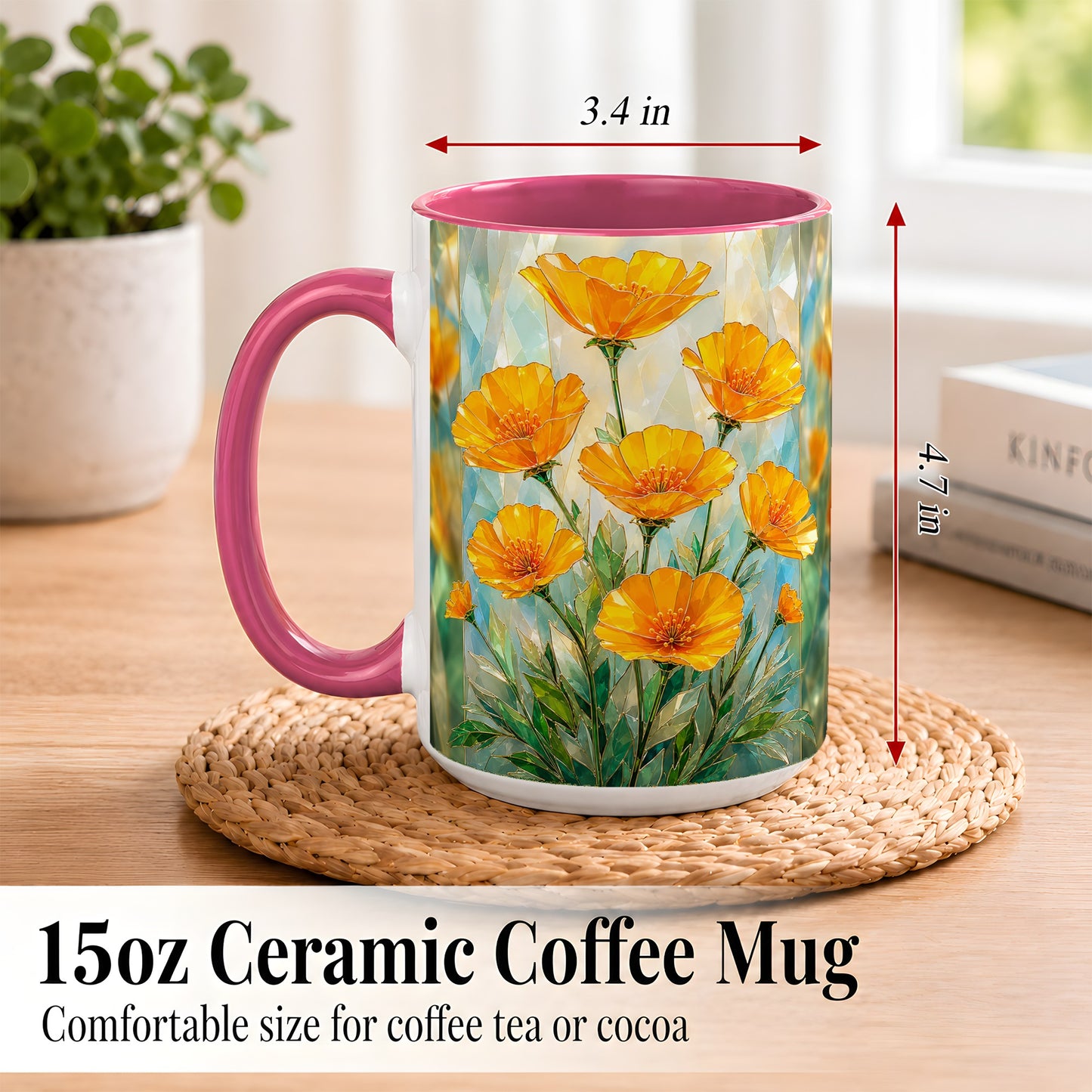 #pl[15oz|Pink] Orange Poppy Coffee Mug, Stained Glass Style Mug, Ceramic Cup