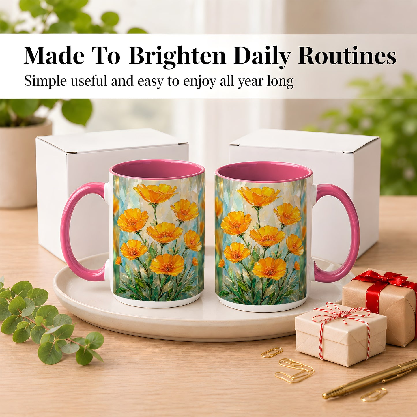 #pl[15oz|Pink] Orange Poppy Coffee Mug, Stained Glass Style Mug, Ceramic Cup