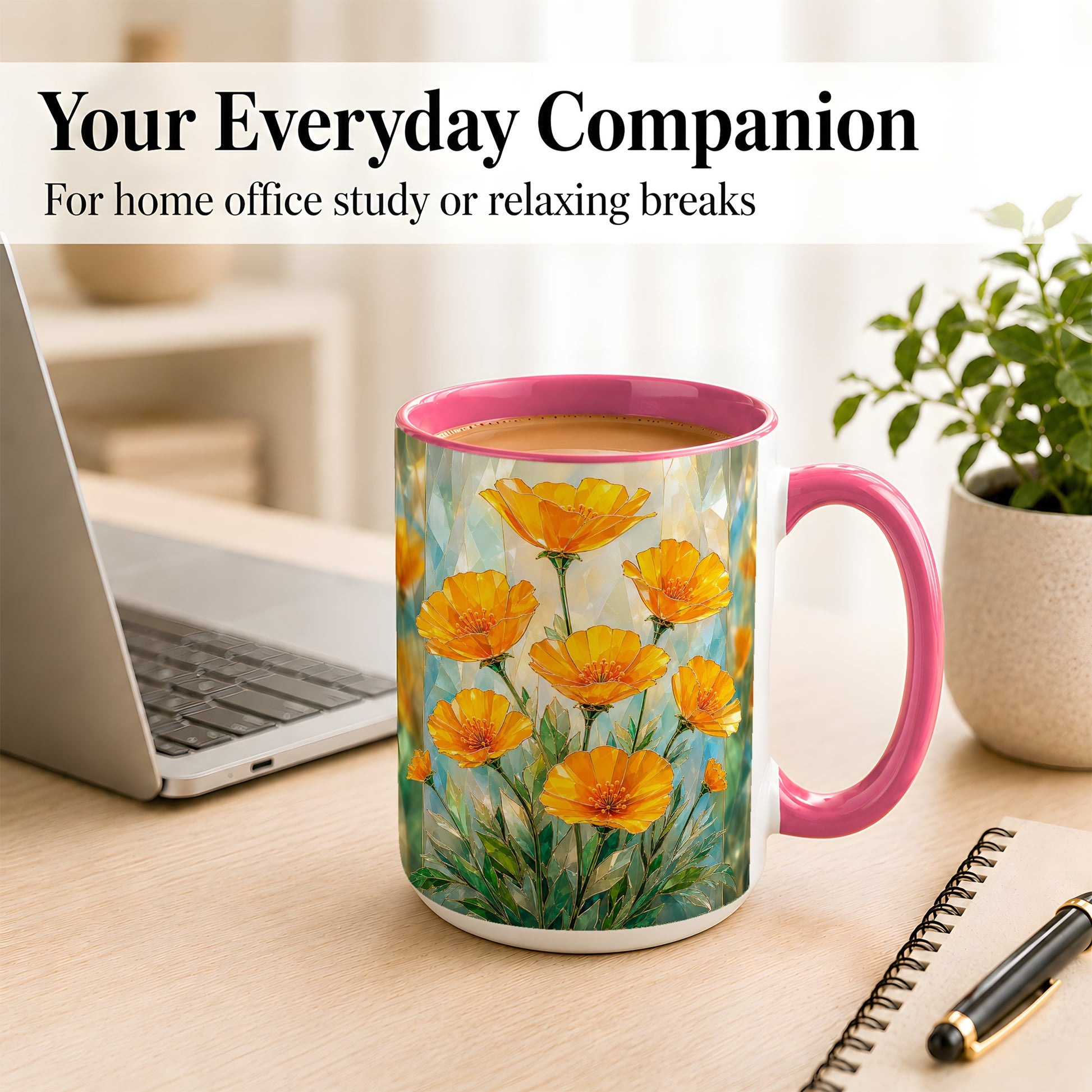#pl[15oz|Pink] Orange Poppy Coffee Mug, Stained Glass Style Mug, Ceramic Cup
