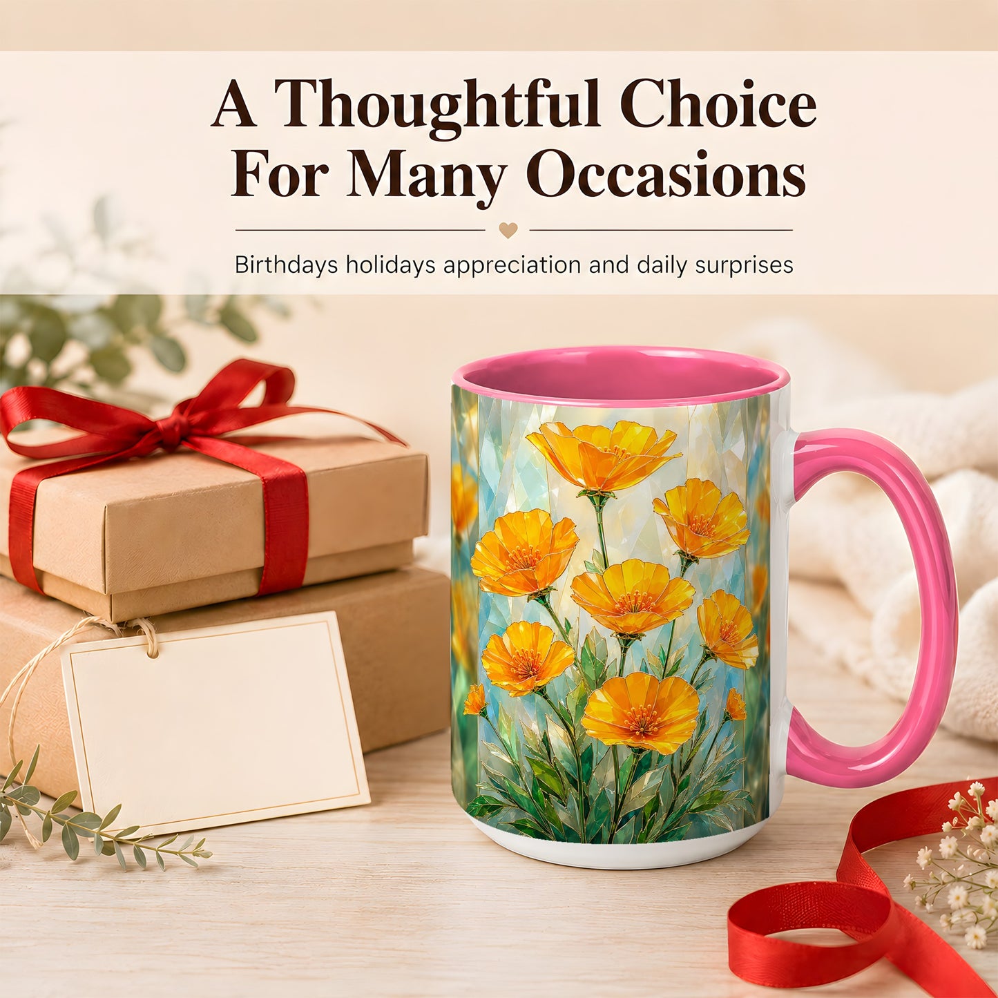 #pl[15oz|Pink] Orange Poppy Coffee Mug, Stained Glass Style Mug, Ceramic Cup