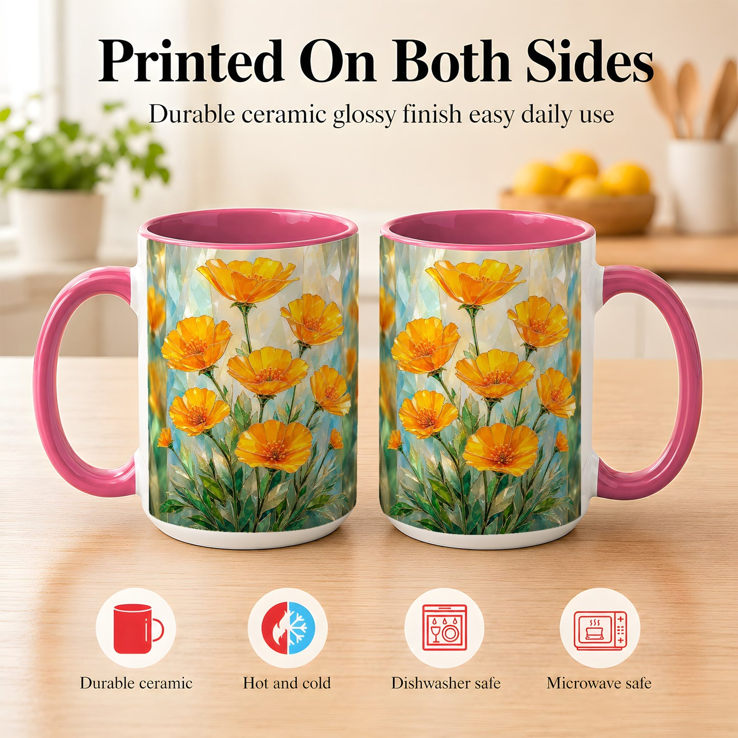 #pl[15oz|Pink] Orange Poppy Coffee Mug, Stained Glass Style Mug, Ceramic Cup