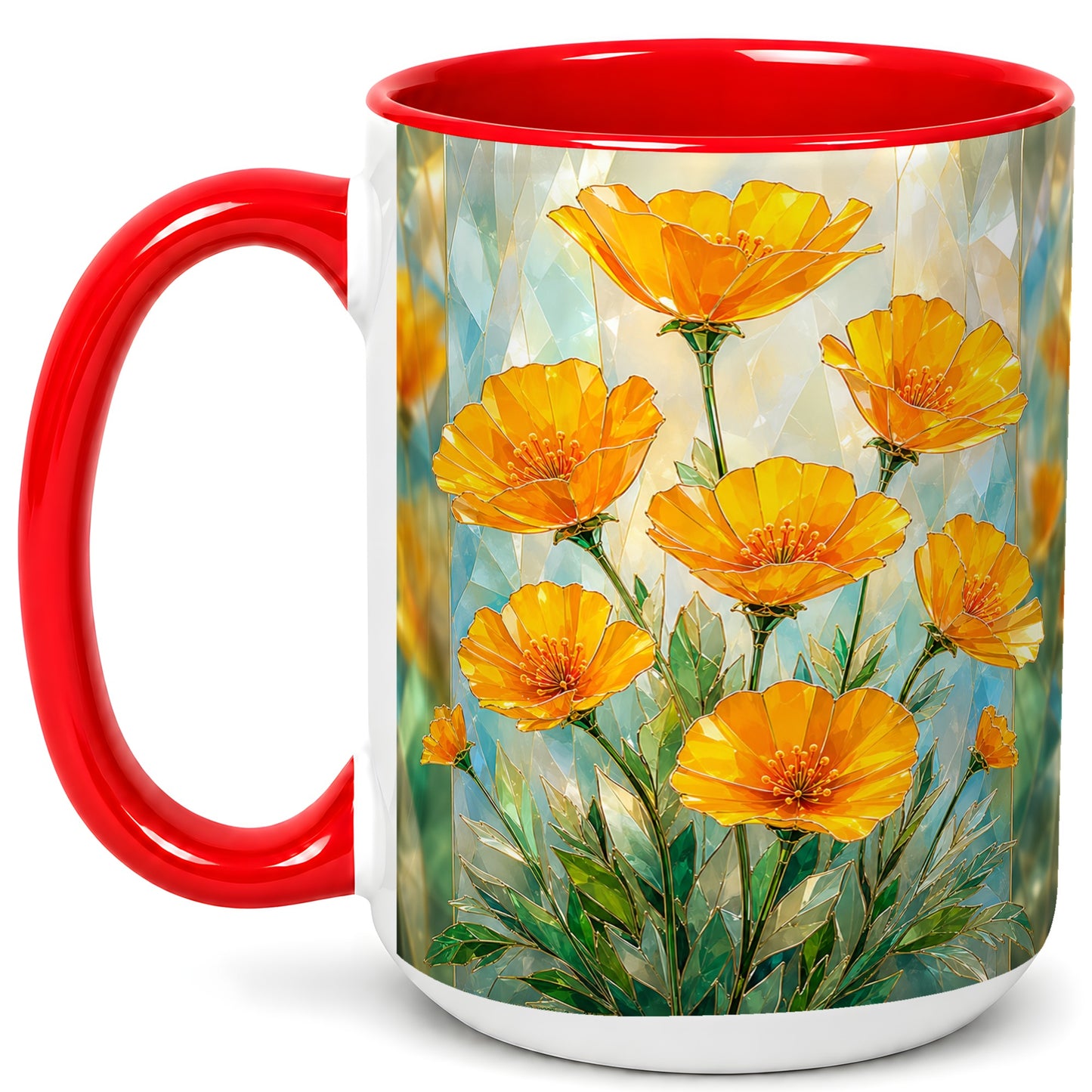 #pl[15oz|Red] Orange Poppy Coffee Mug, Stained Glass Style Mug, Ceramic Cup