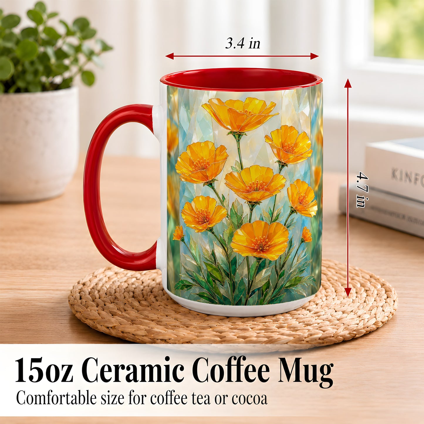 #pl[15oz|Red] Orange Poppy Coffee Mug, Stained Glass Style Mug, Ceramic Cup