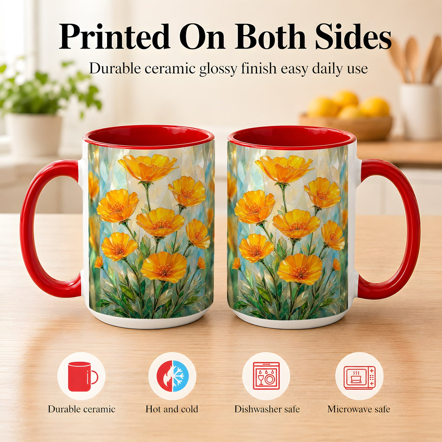 #pl[15oz|Red] Orange Poppy Coffee Mug, Stained Glass Style Mug, Ceramic Cup
