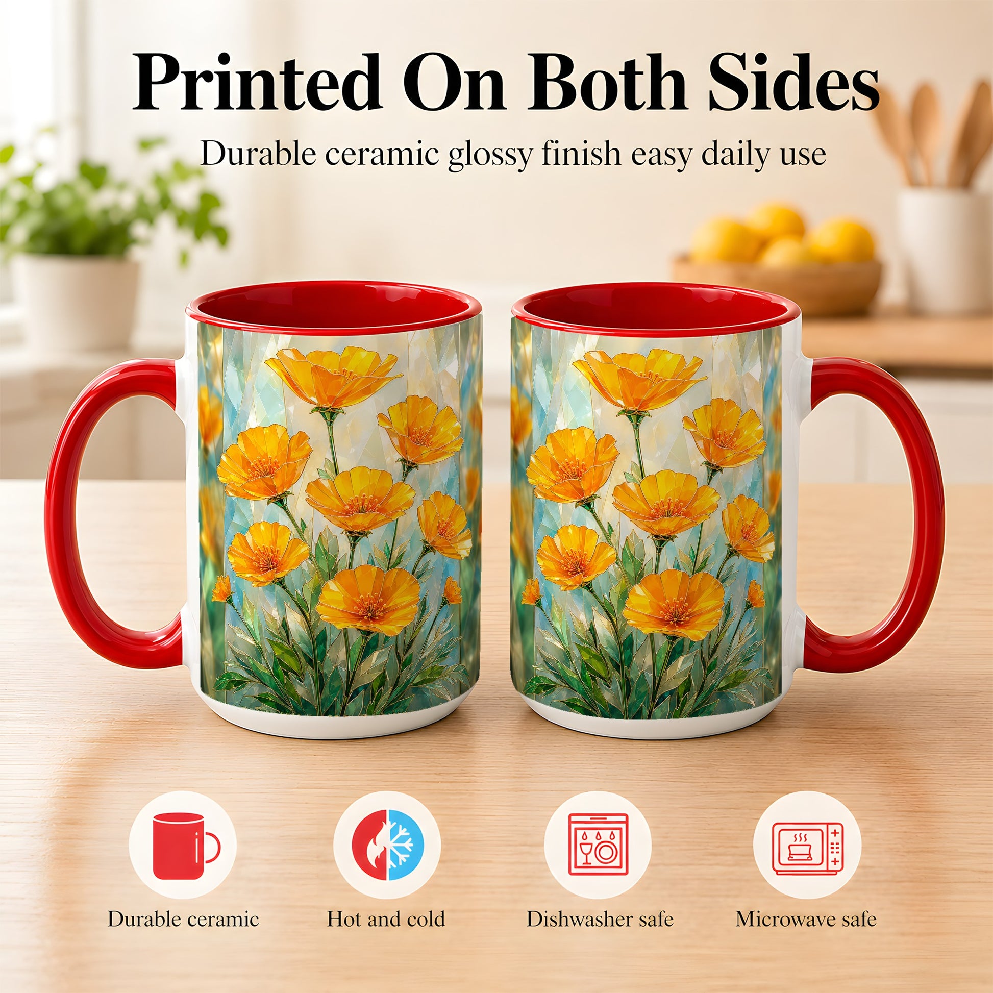 #pl[15oz|Red] Orange Poppy Coffee Mug, Stained Glass Style Mug, Ceramic Cup