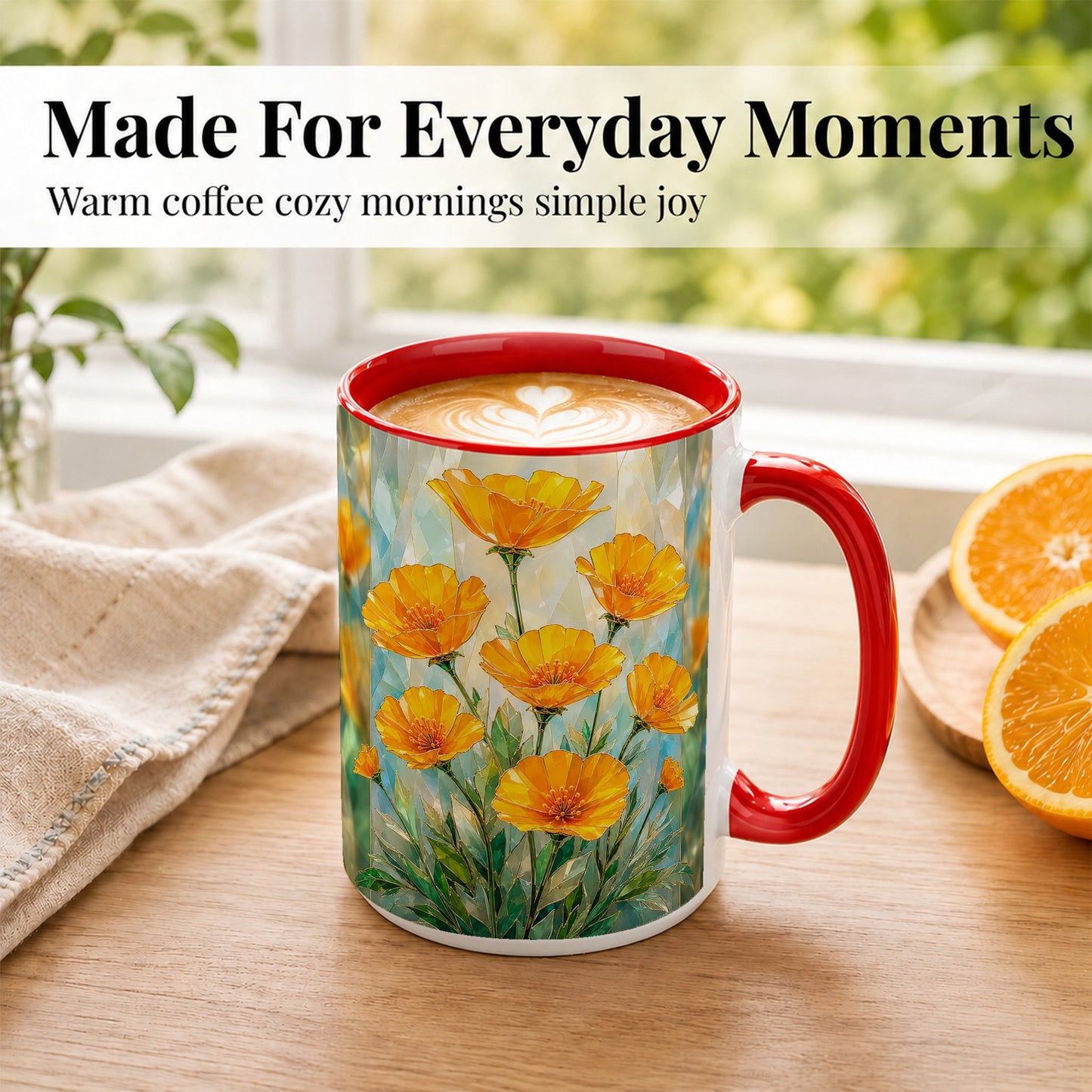 #pl[15oz|Red] Orange Poppy Coffee Mug, Stained Glass Style Mug, Ceramic Cup