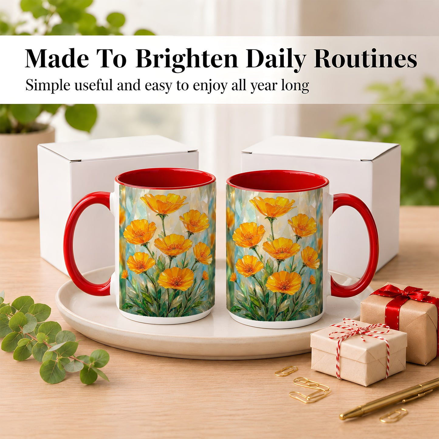 #pl[15oz|Red] Orange Poppy Coffee Mug, Stained Glass Style Mug, Ceramic Cup