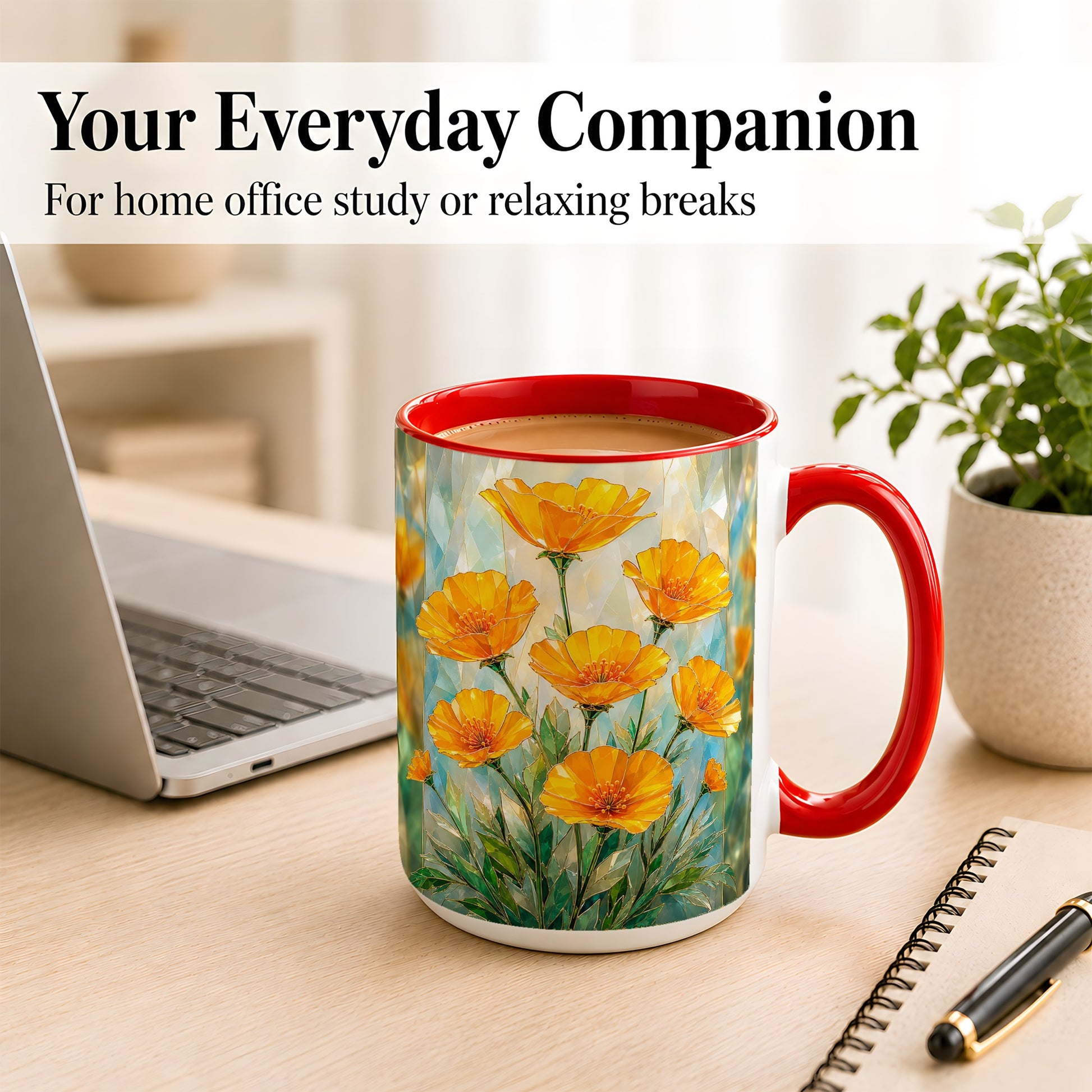 #pl[15oz|Red] Orange Poppy Coffee Mug, Stained Glass Style Mug, Ceramic Cup