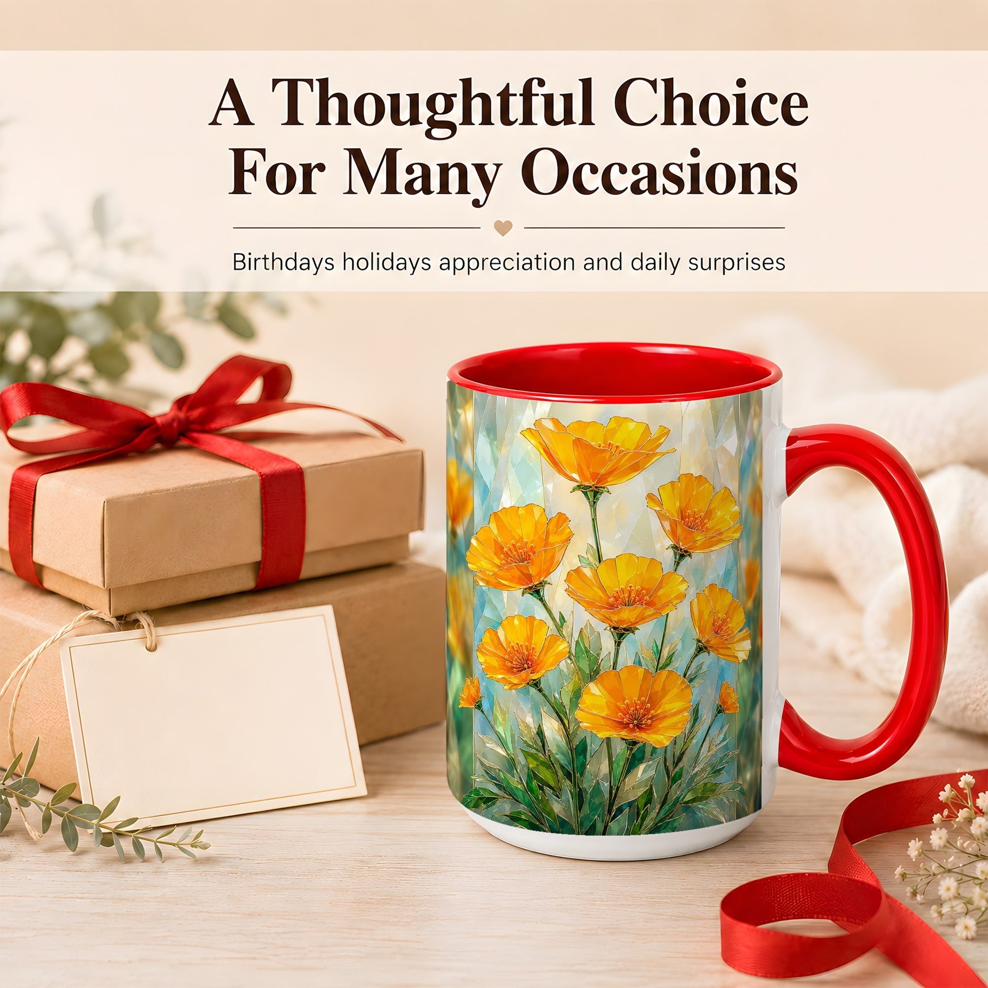 #pl[15oz|Red] Orange Poppy Coffee Mug, Stained Glass Style Mug, Ceramic Cup
