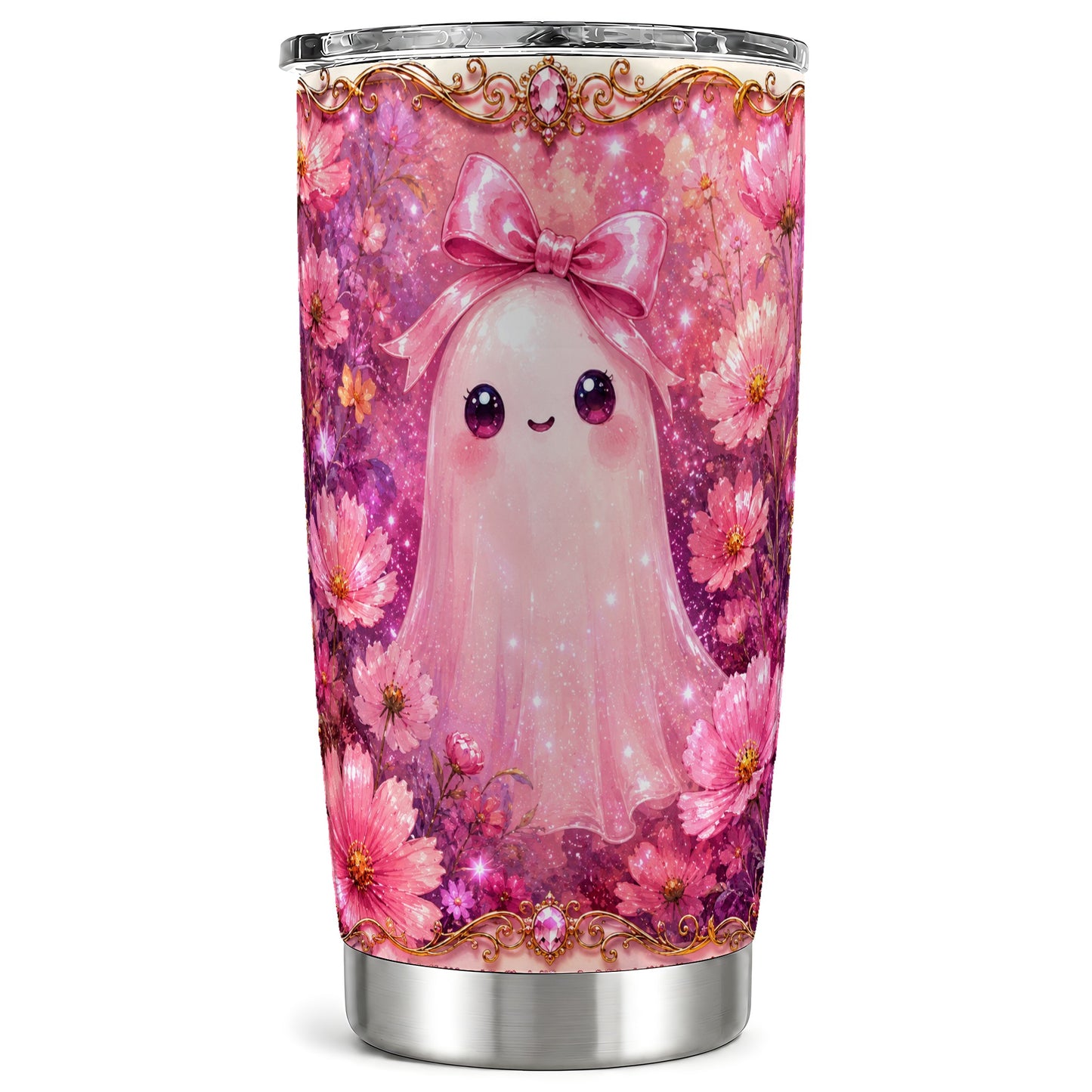 #pl[Steel] Pink Ghost Tumbler 20oz, Floral Bow Tumbler, Stainless Steel Travel Cup