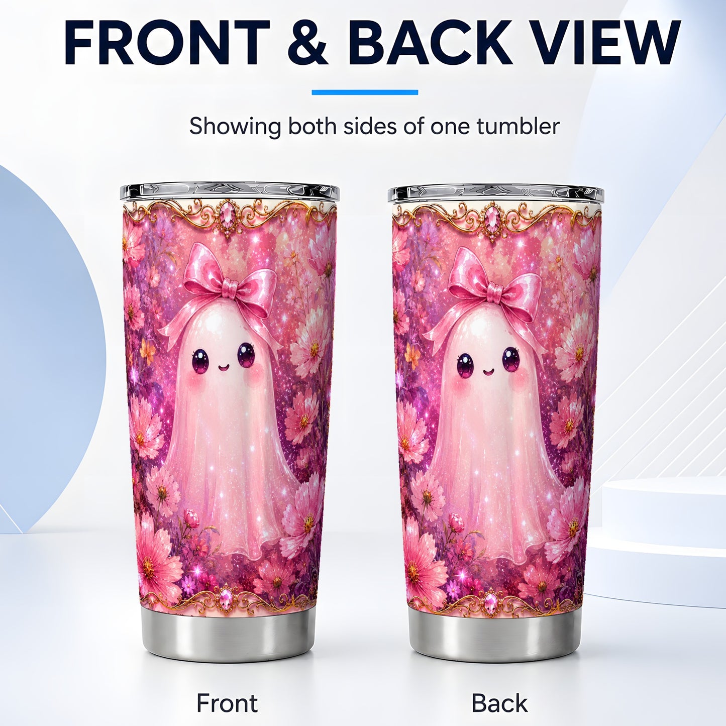 #pl[Steel] Pink Ghost Tumbler 20oz, Floral Bow Tumbler, Stainless Steel Travel Cup