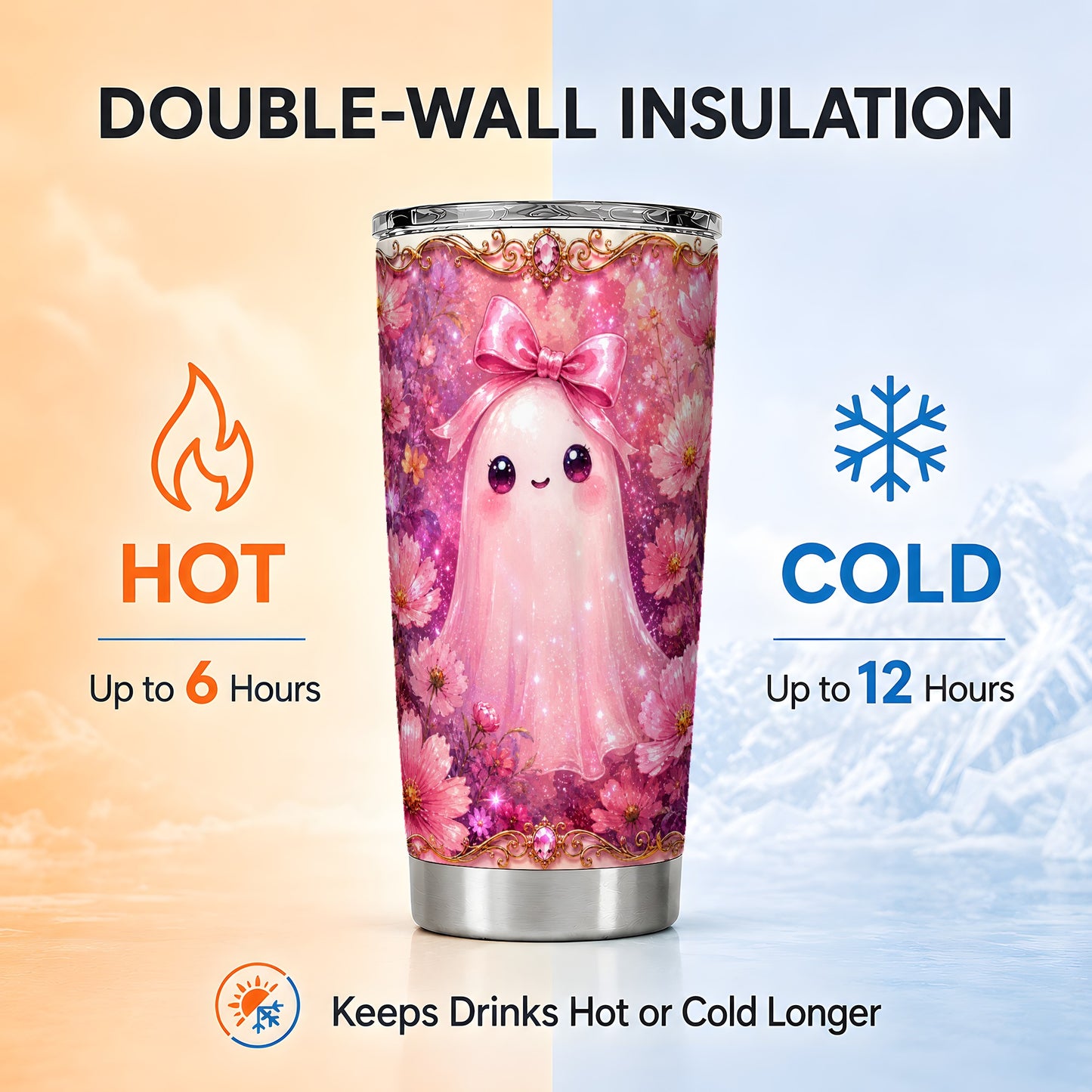 #pl[Steel] Pink Ghost Tumbler 20oz, Floral Bow Tumbler, Stainless Steel Travel Cup