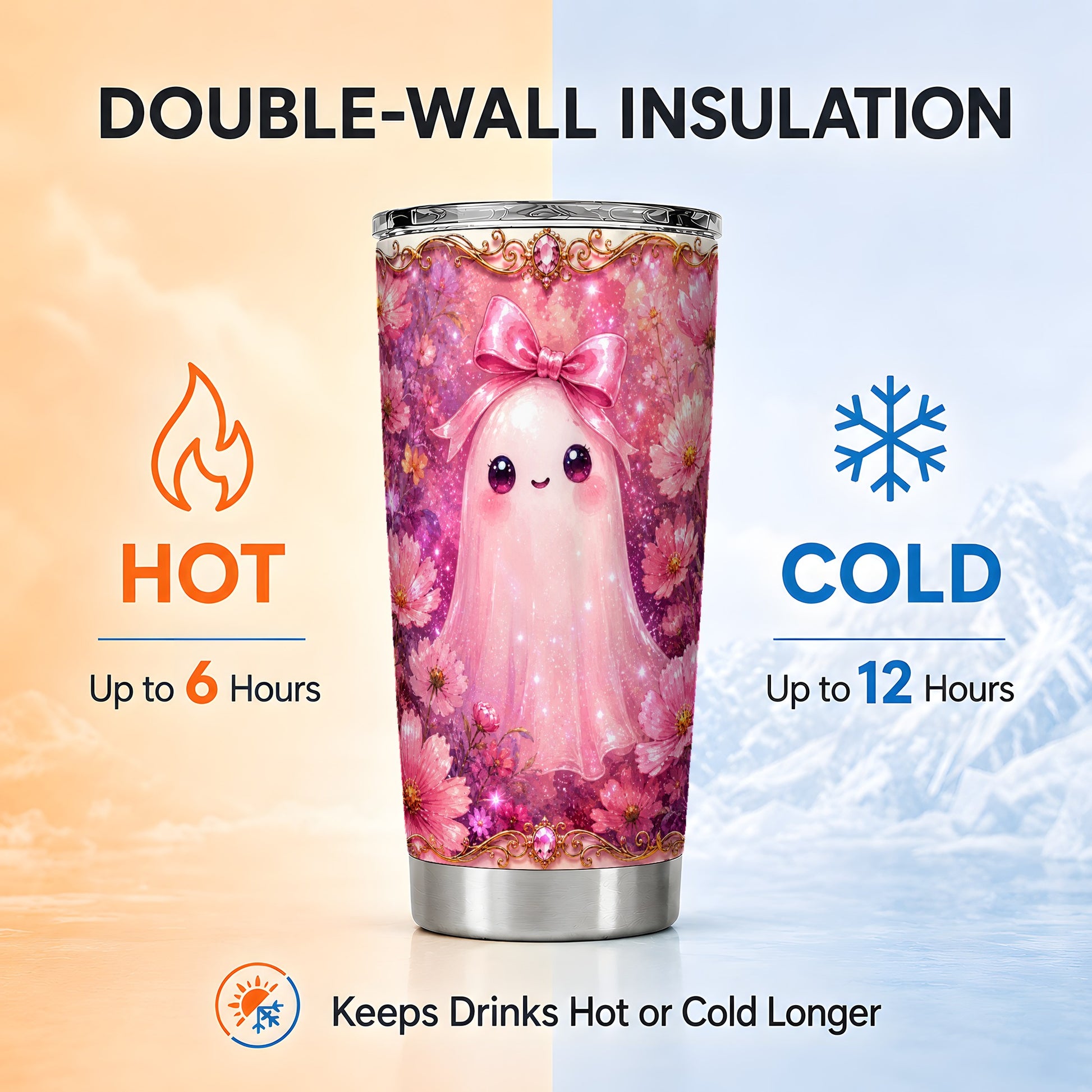 #pl[Steel] Pink Ghost Tumbler 20oz, Floral Bow Tumbler, Stainless Steel Travel Cup