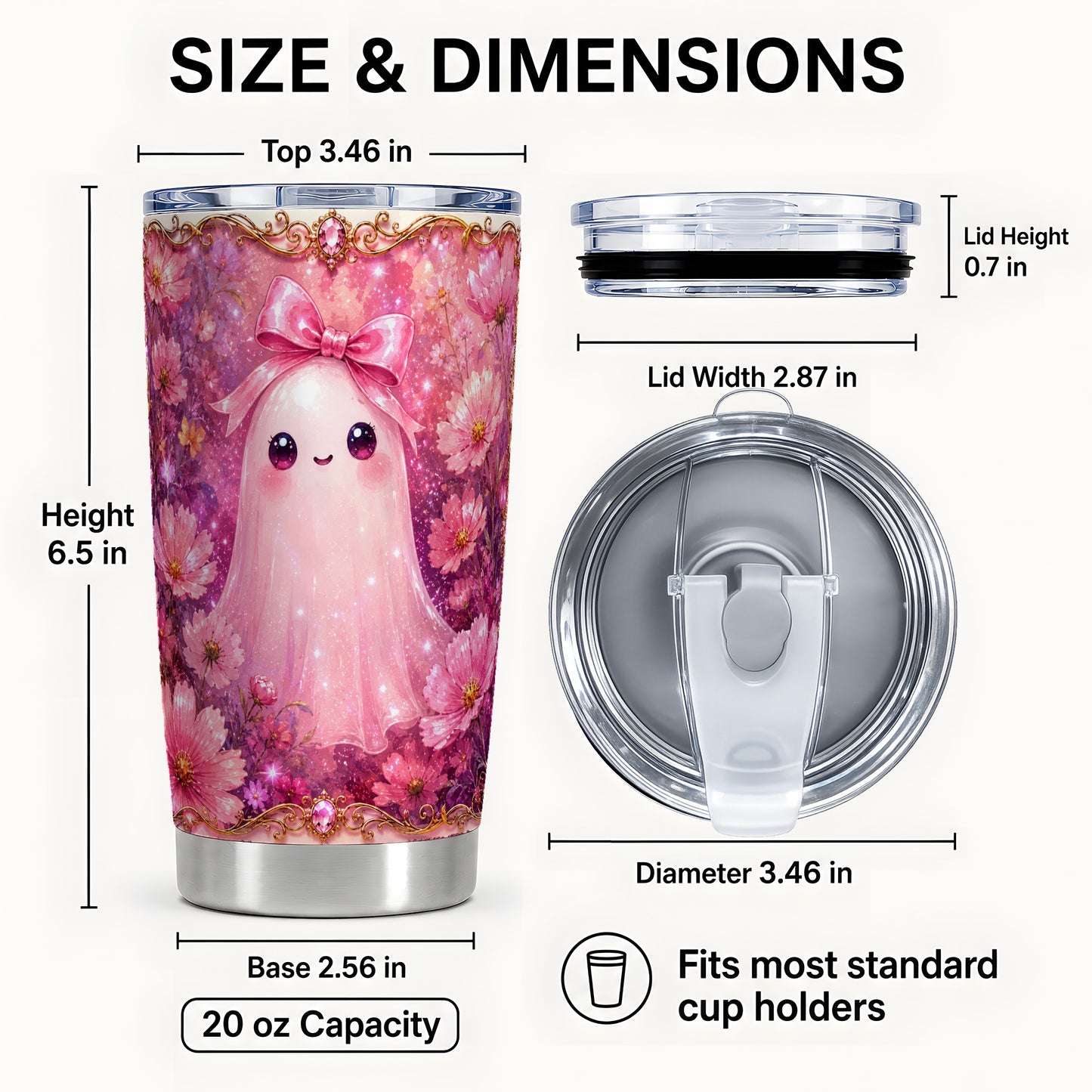 #pl[Steel] Pink Ghost Tumbler 20oz, Floral Bow Tumbler, Stainless Steel Travel Cup