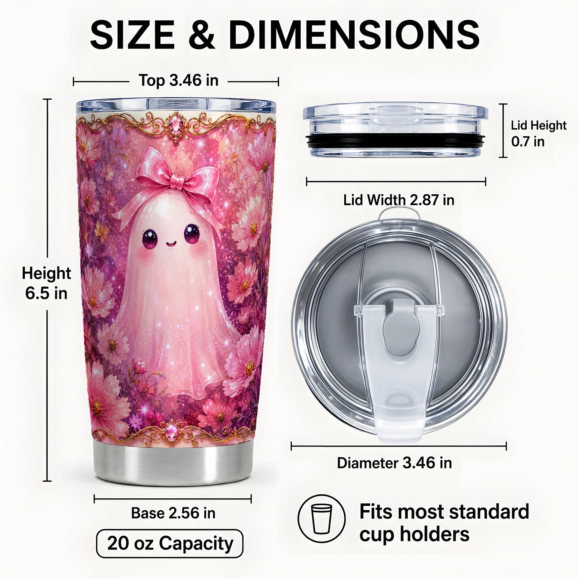 #pl[Steel] Pink Ghost Tumbler 20oz, Floral Bow Tumbler, Stainless Steel Travel Cup