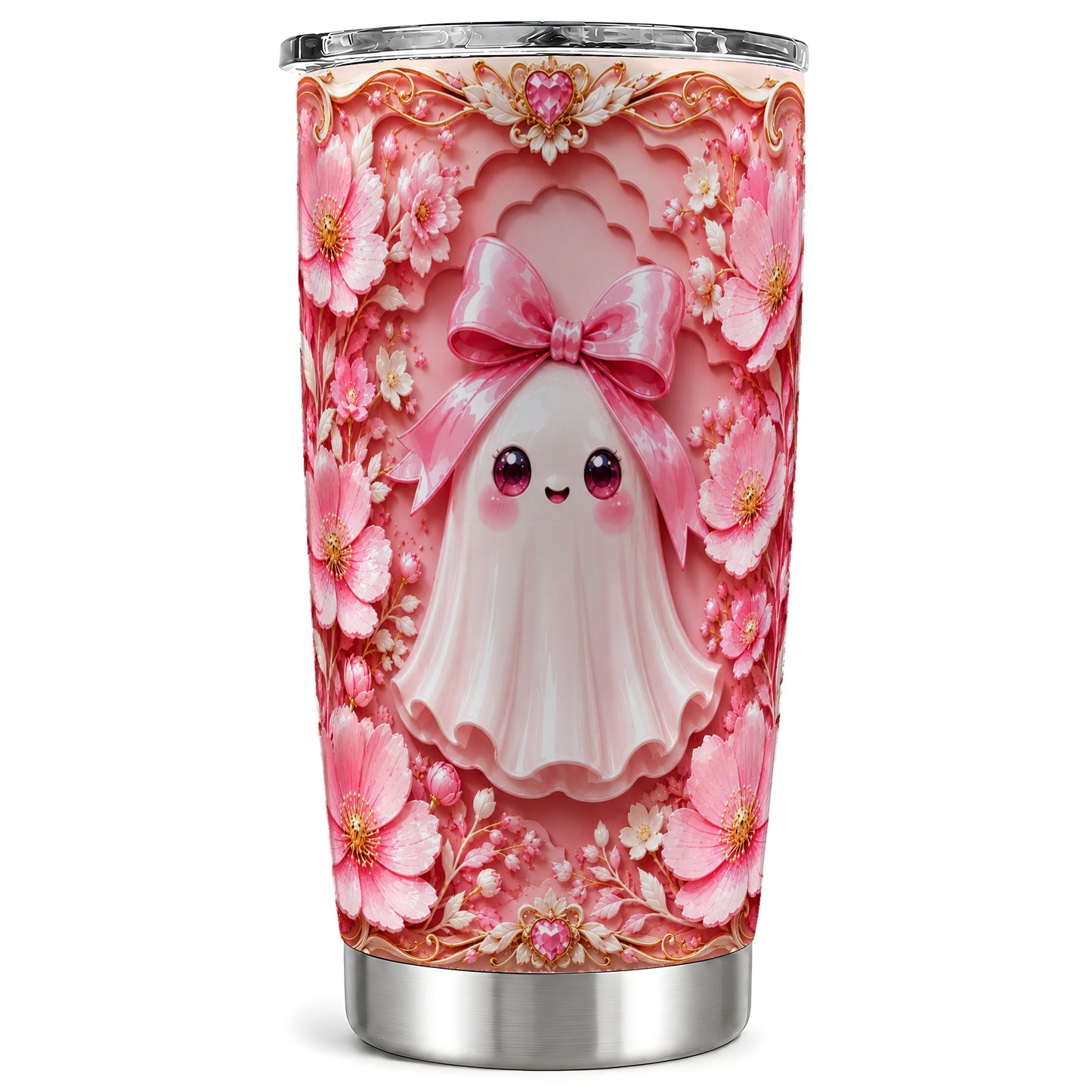 #pl[Steel] Pink Ghost Tumbler 20oz, Floral Bow Tumbler, Stainless Steel Travel Cup
