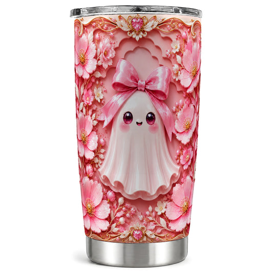 #pl[Steel] Pink Ghost Tumbler 20oz, Floral Bow Tumbler, Stainless Steel Travel Cup