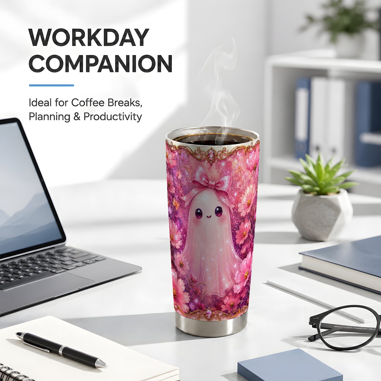 #pl[Steel] Pink Ghost Tumbler 20oz, Floral Bow Tumbler, Stainless Steel Travel Cup