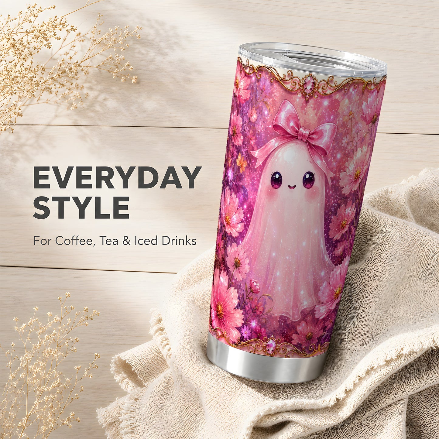 #pl[Steel] Pink Ghost Tumbler 20oz, Floral Bow Tumbler, Stainless Steel Travel Cup