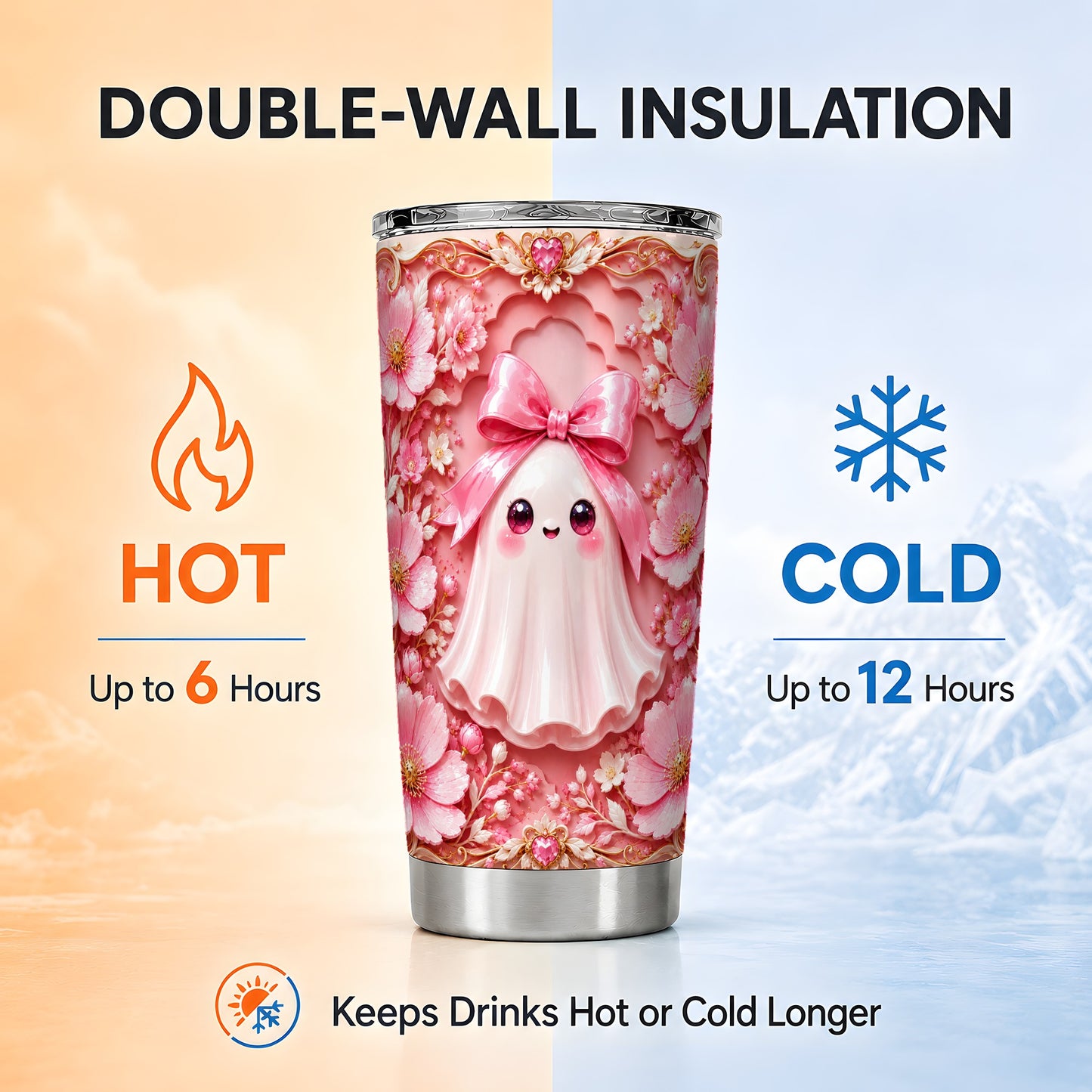 #pl[Steel] Pink Ghost Tumbler 20oz, Floral Bow Tumbler, Stainless Steel Travel Cup