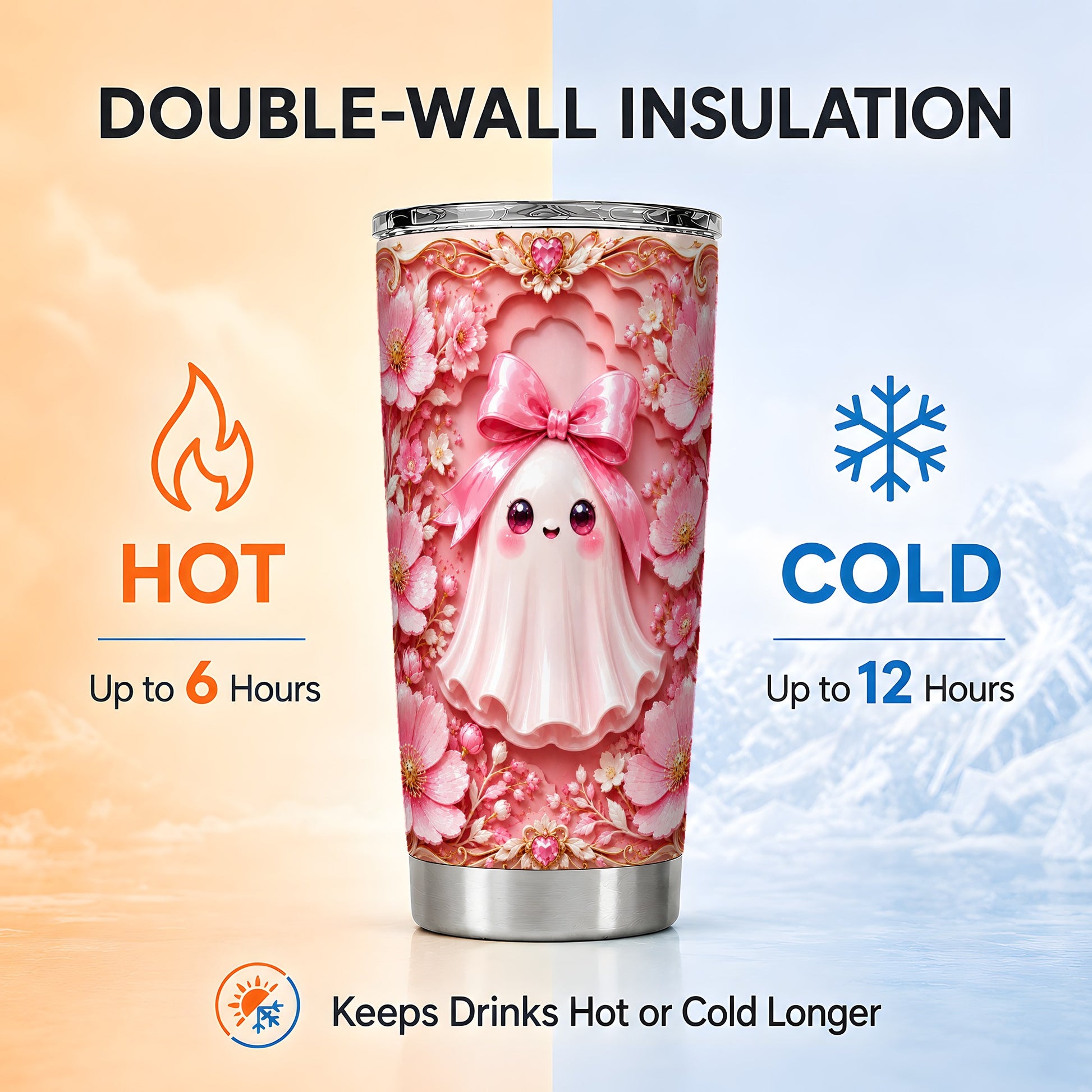 #pl[Steel] Pink Ghost Tumbler 20oz, Floral Bow Tumbler, Stainless Steel Travel Cup