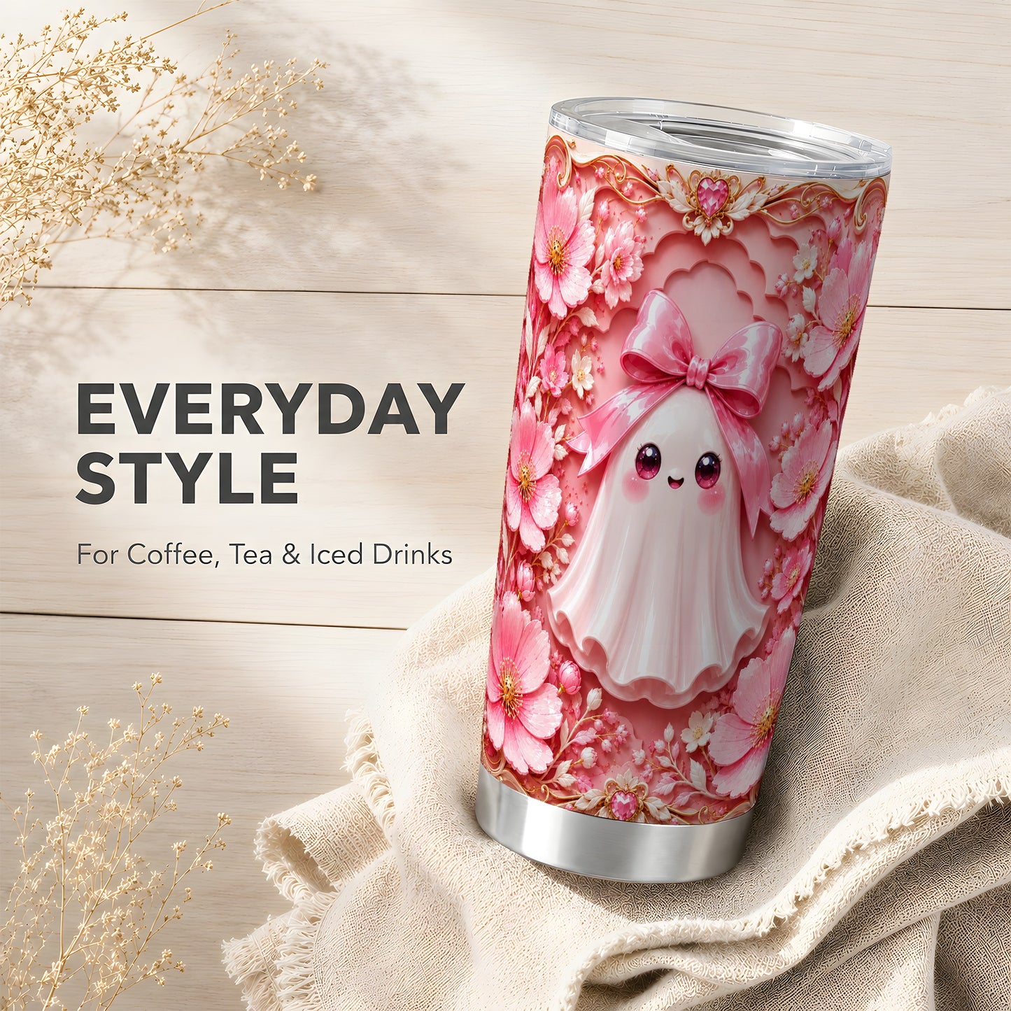 #pl[Steel] Pink Ghost Tumbler 20oz, Floral Bow Tumbler, Stainless Steel Travel Cup