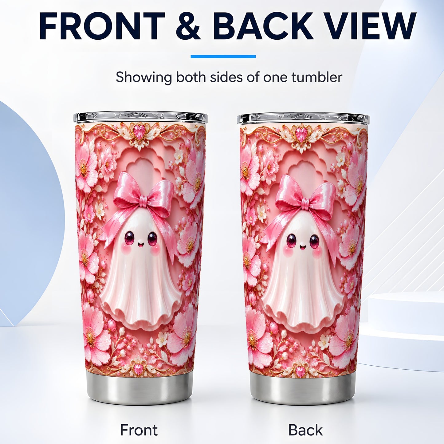 #pl[Steel] Pink Ghost Tumbler 20oz, Floral Bow Tumbler, Stainless Steel Travel Cup