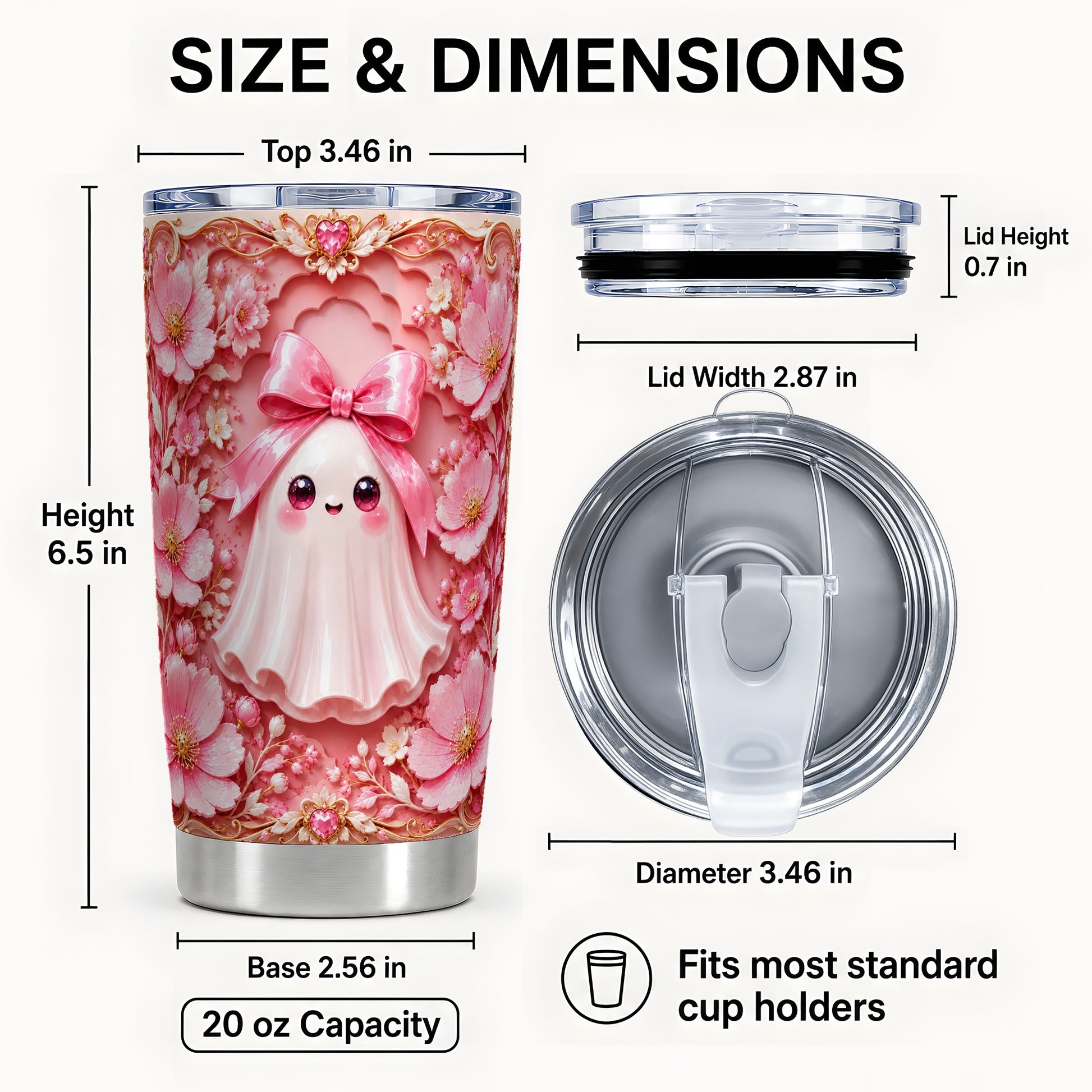 #pl[Steel] Pink Ghost Tumbler 20oz, Floral Bow Tumbler, Stainless Steel Travel Cup