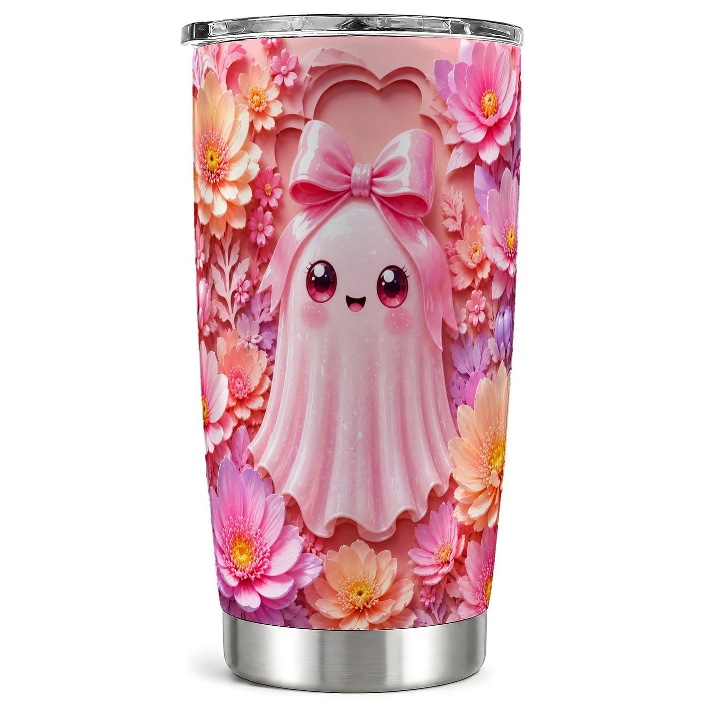 #pl[Steel] Pastel Ghost Tumbler 20oz, Floral Bow Tumbler, Stainless Steel Travel Cup