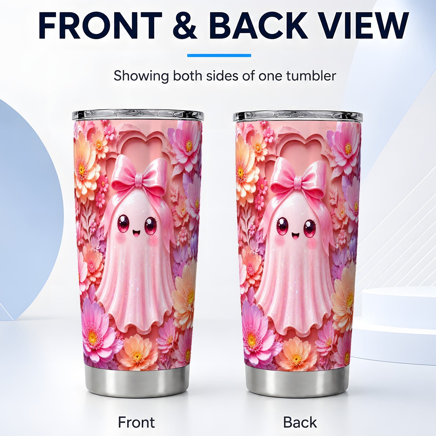 #pl[Steel] Pastel Ghost Tumbler 20oz, Floral Bow Tumbler, Stainless Steel Travel Cup