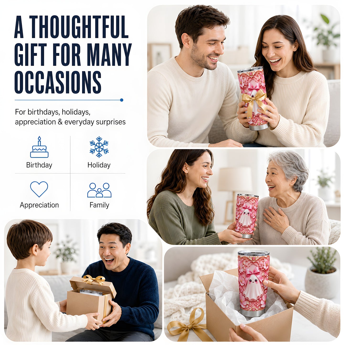 #pl[Steel] Pink Ghost Tumbler 20oz, Floral Bow Tumbler, Stainless Steel Travel Cup