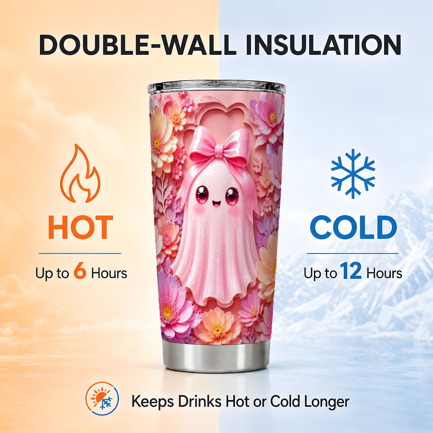 #pl[Steel] Pastel Ghost Tumbler 20oz, Floral Bow Tumbler, Stainless Steel Travel Cup