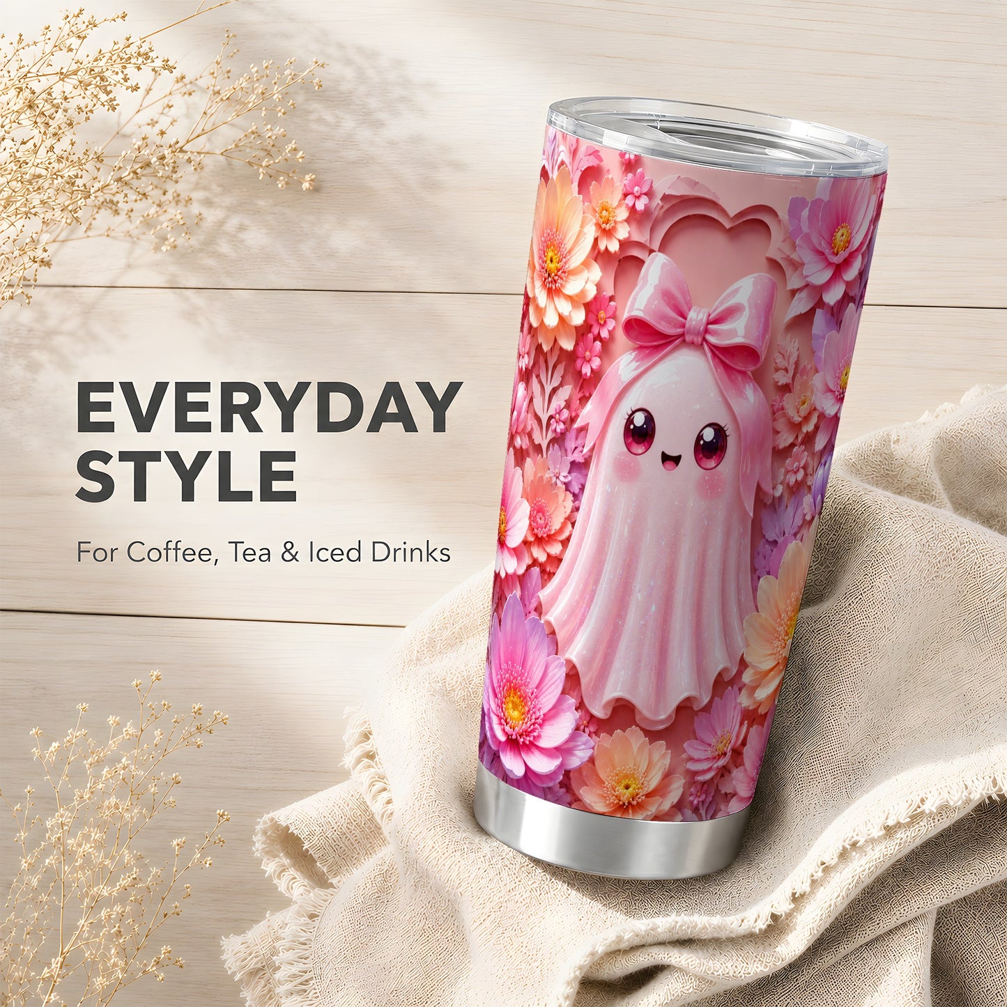 #pl[Steel] Pastel Ghost Tumbler 20oz, Floral Bow Tumbler, Stainless Steel Travel Cup