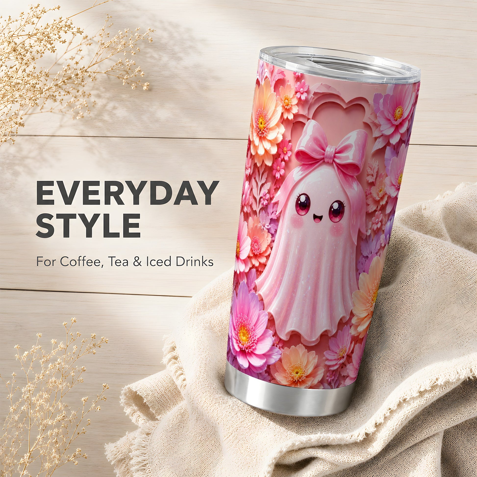 #pl[Steel] Pastel Ghost Tumbler 20oz, Floral Bow Tumbler, Stainless Steel Travel Cup