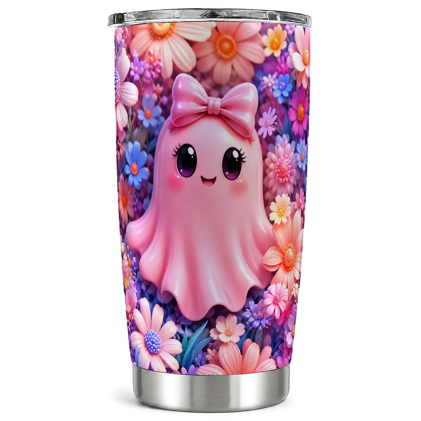 #pl[Steel] Pink Ghost Tumbler 20oz, Daisy Bow Tumbler, Stainless Steel Travel Cup