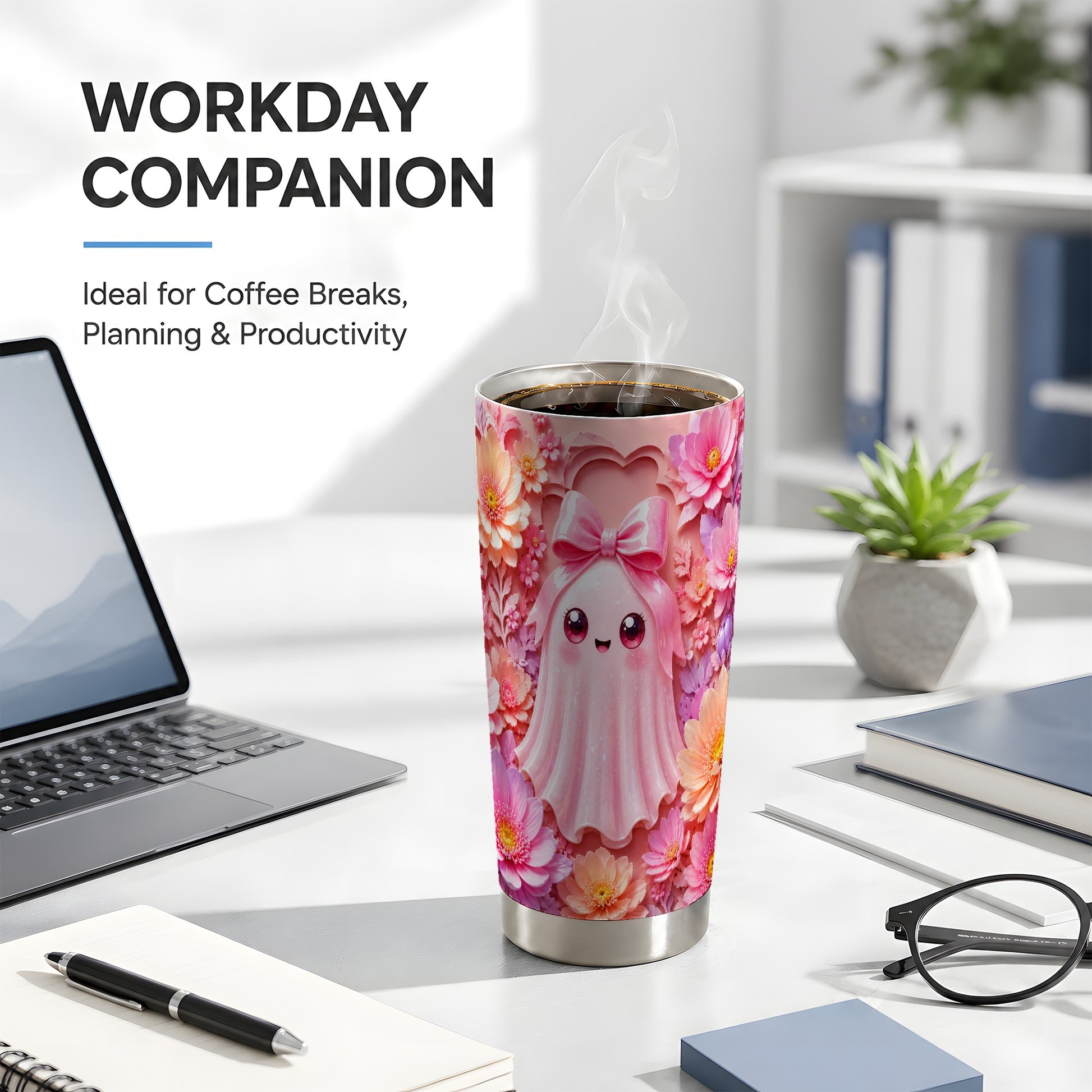 #pl[Steel] Pastel Ghost Tumbler 20oz, Floral Bow Tumbler, Stainless Steel Travel Cup
