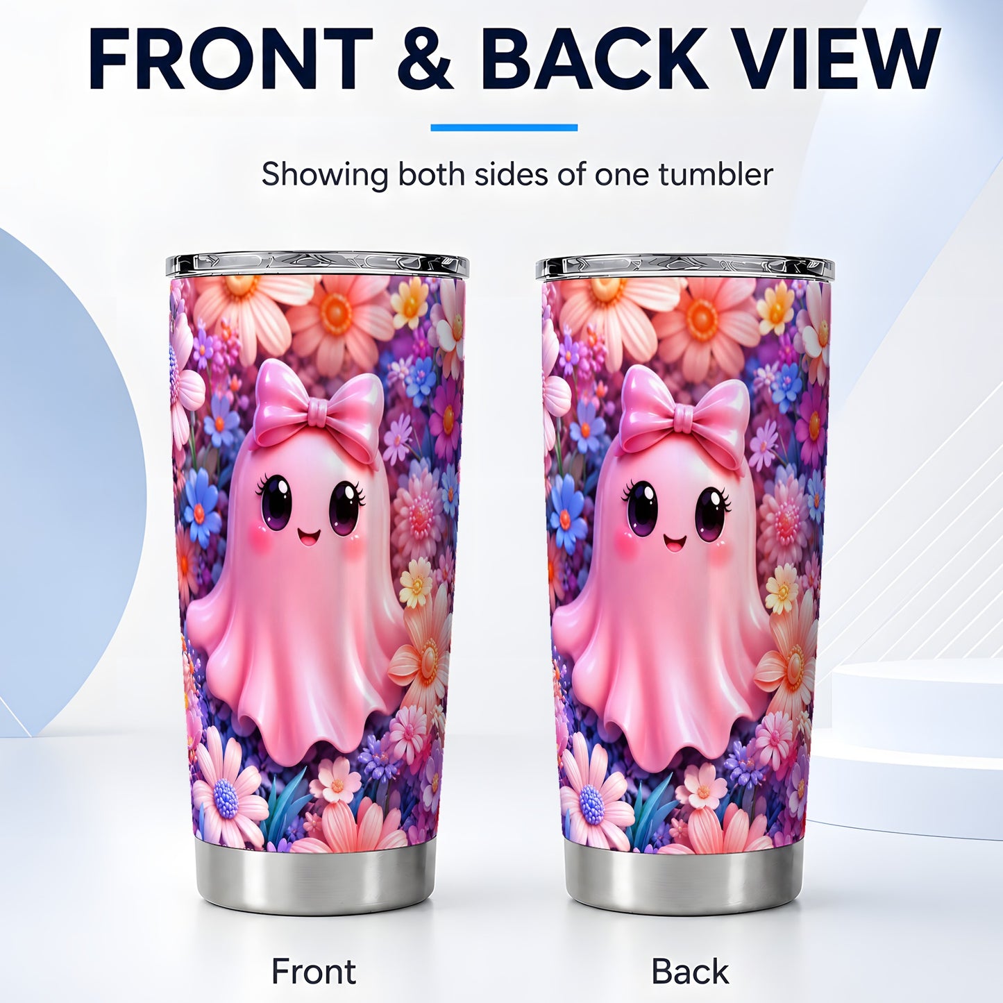 #pl[Steel] Pink Ghost Tumbler 20oz, Daisy Bow Tumbler, Stainless Steel Travel Cup