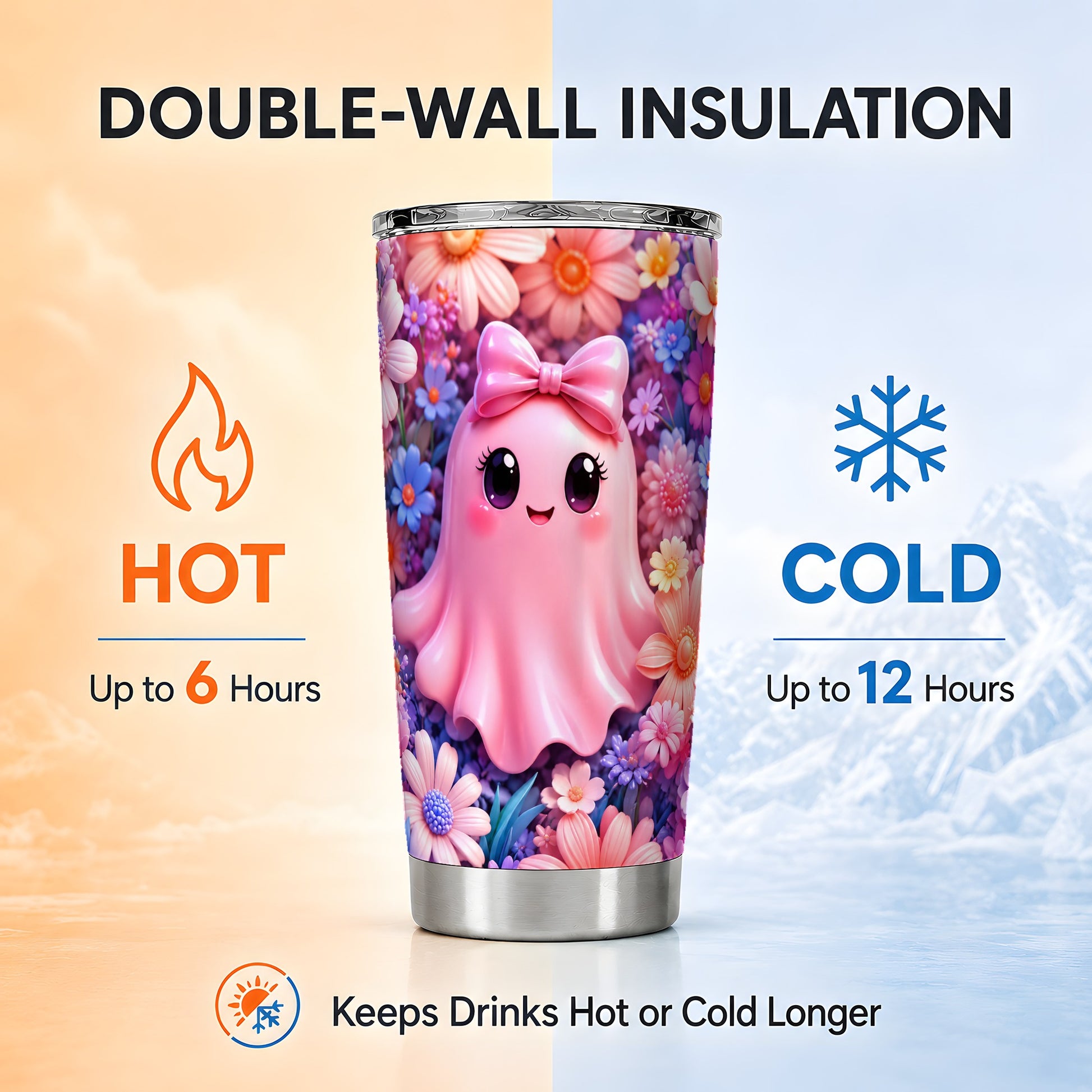 #pl[Steel] Pink Ghost Tumbler 20oz, Daisy Bow Tumbler, Stainless Steel Travel Cup
