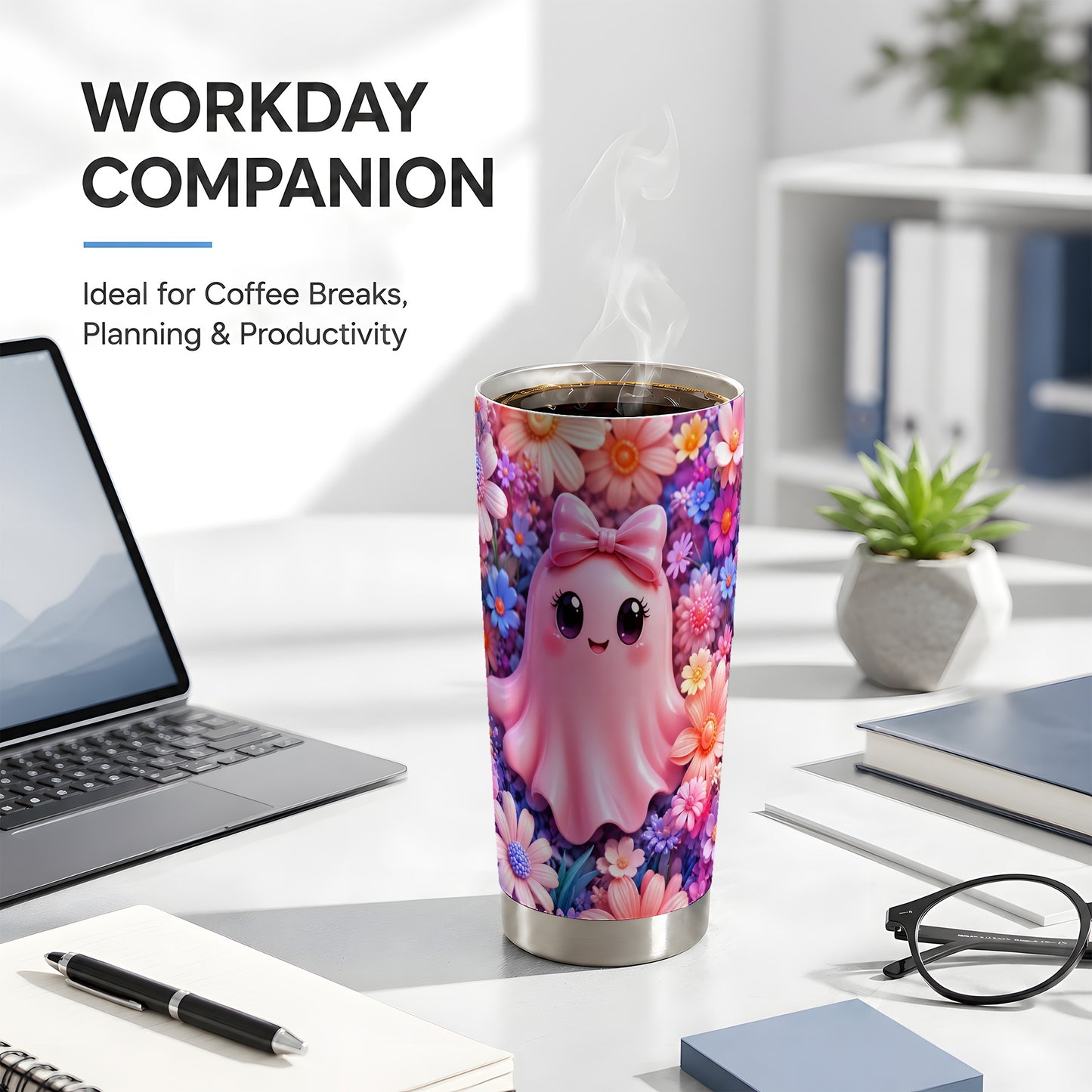 #pl[Steel] Pink Ghost Tumbler 20oz, Daisy Bow Tumbler, Stainless Steel Travel Cup