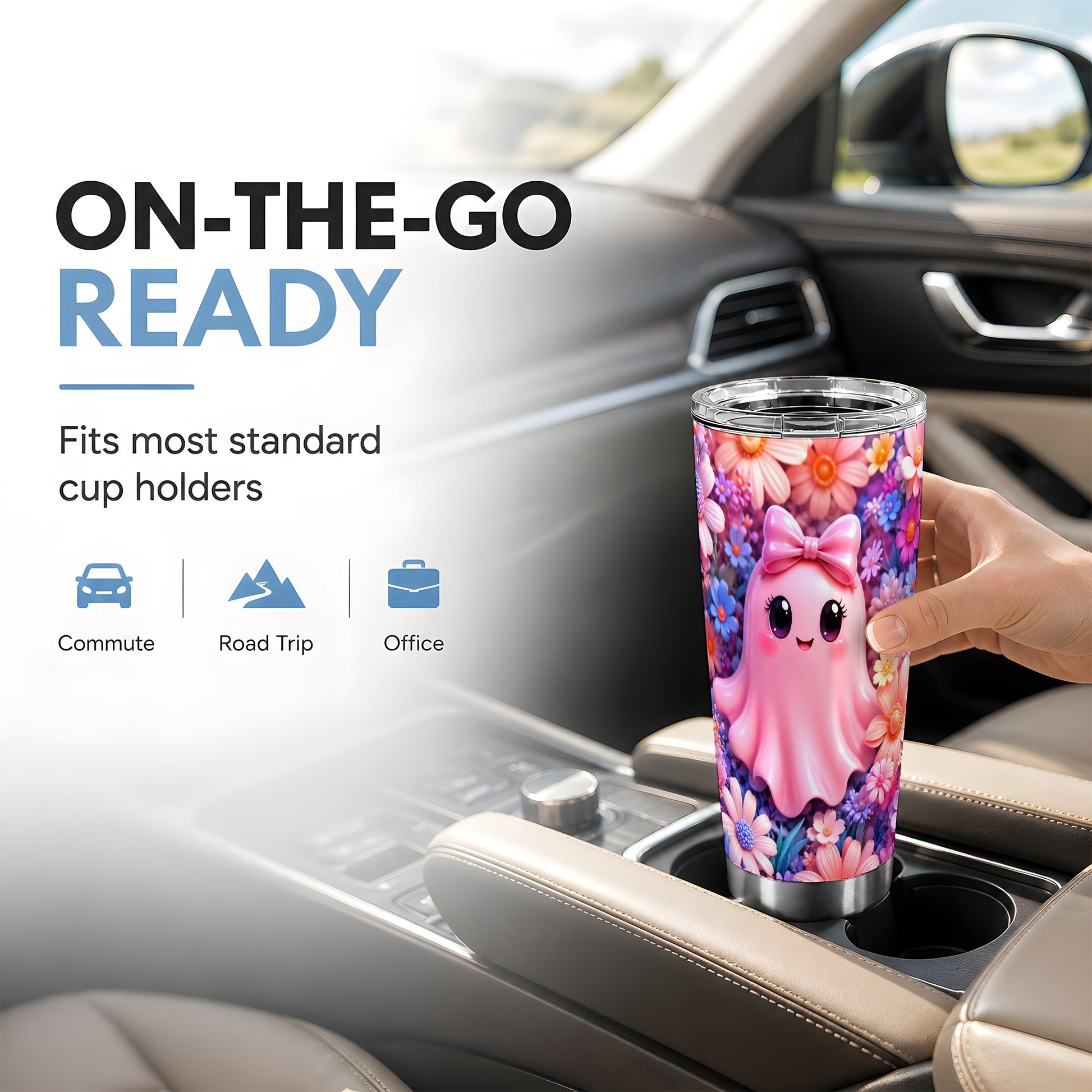 #pl[Steel] Pink Ghost Tumbler 20oz, Daisy Bow Tumbler, Stainless Steel Travel Cup