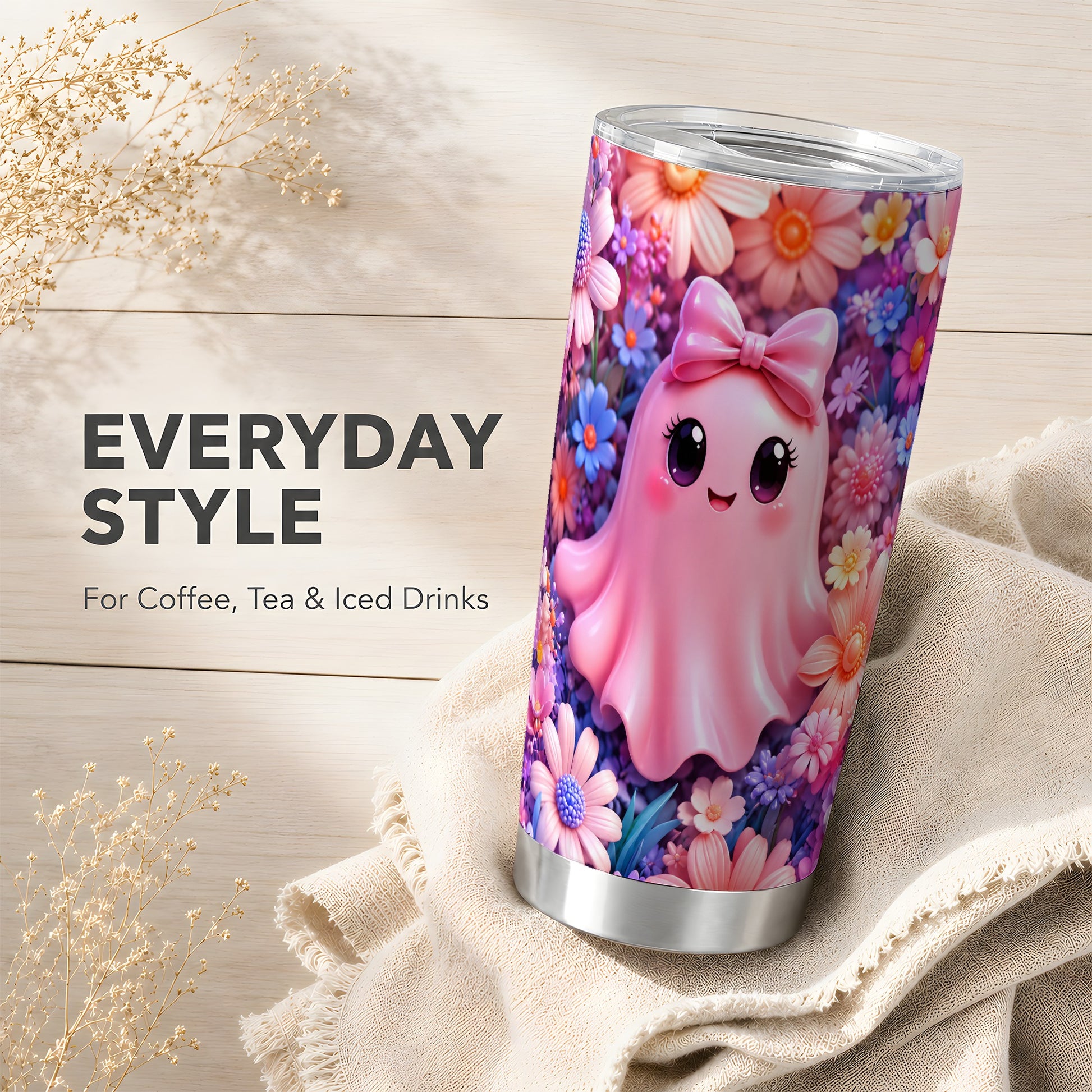 #pl[Steel] Pink Ghost Tumbler 20oz, Daisy Bow Tumbler, Stainless Steel Travel Cup