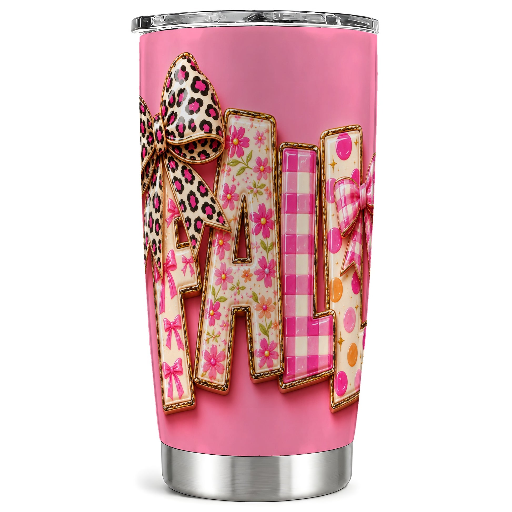 #pl[Steel] Fall Bow Tumbler 20oz, Pink Pattern Tumbler, Stainless Steel Travel Cup