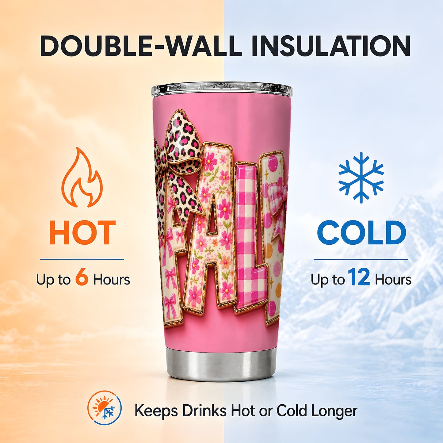 #pl[Steel] Fall Bow Tumbler 20oz, Pink Pattern Tumbler, Stainless Steel Travel Cup