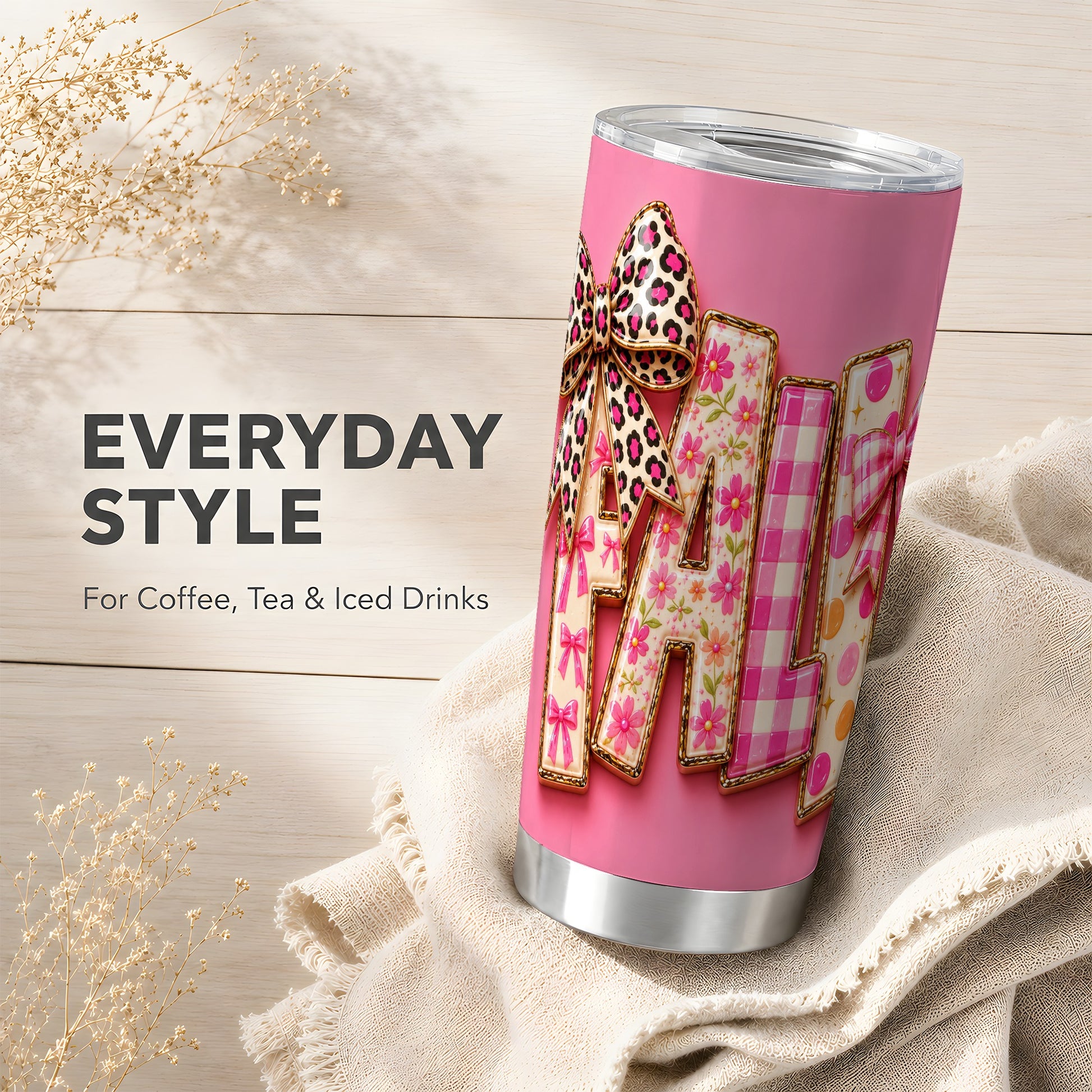 #pl[Steel] Fall Bow Tumbler 20oz, Pink Pattern Tumbler, Stainless Steel Travel Cup