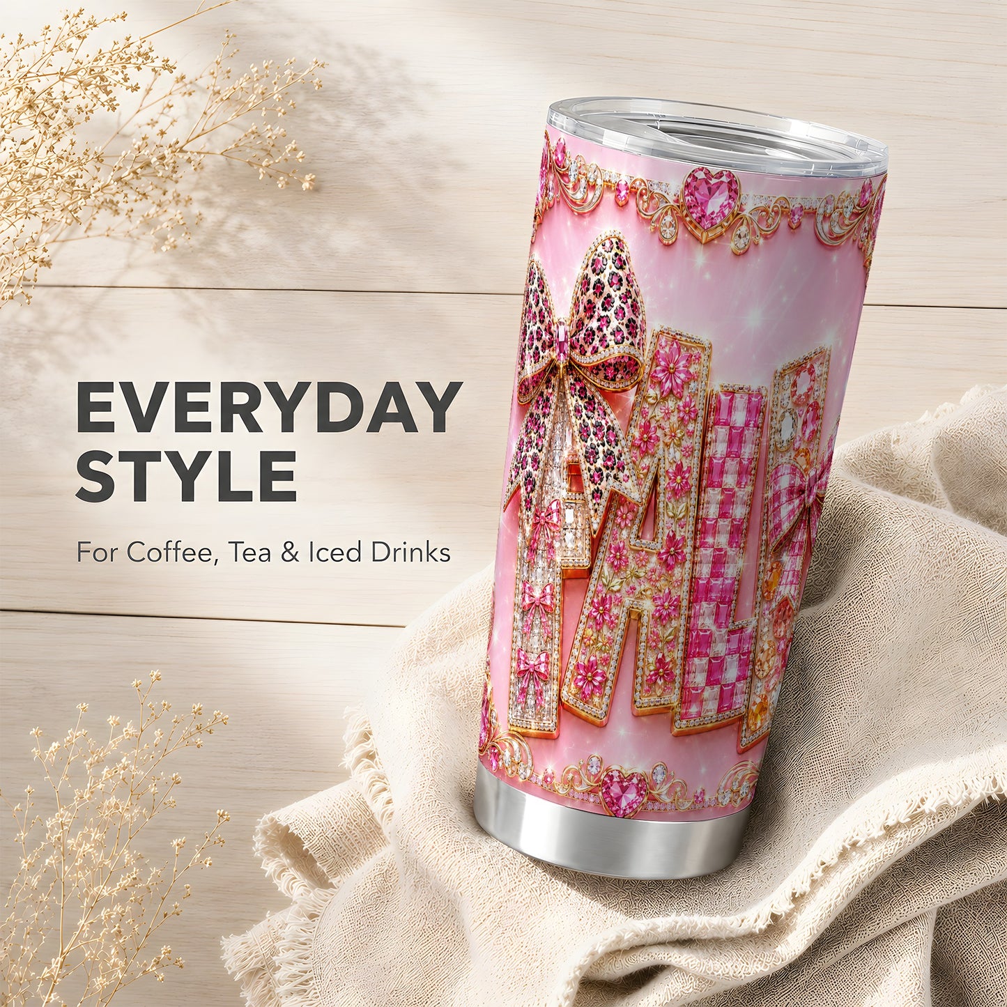 #pl[Steel] Pink Gemstone Fall Tumbler 20oz, Bow Tumbler, Stainless Steel Travel Cup