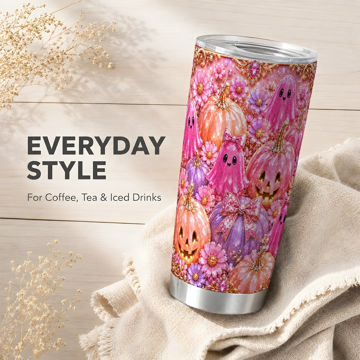 #pl[Steel] Pink Ghost Tumbler 20oz, Halloween Tumbler, Stainless Steel Travel Cup