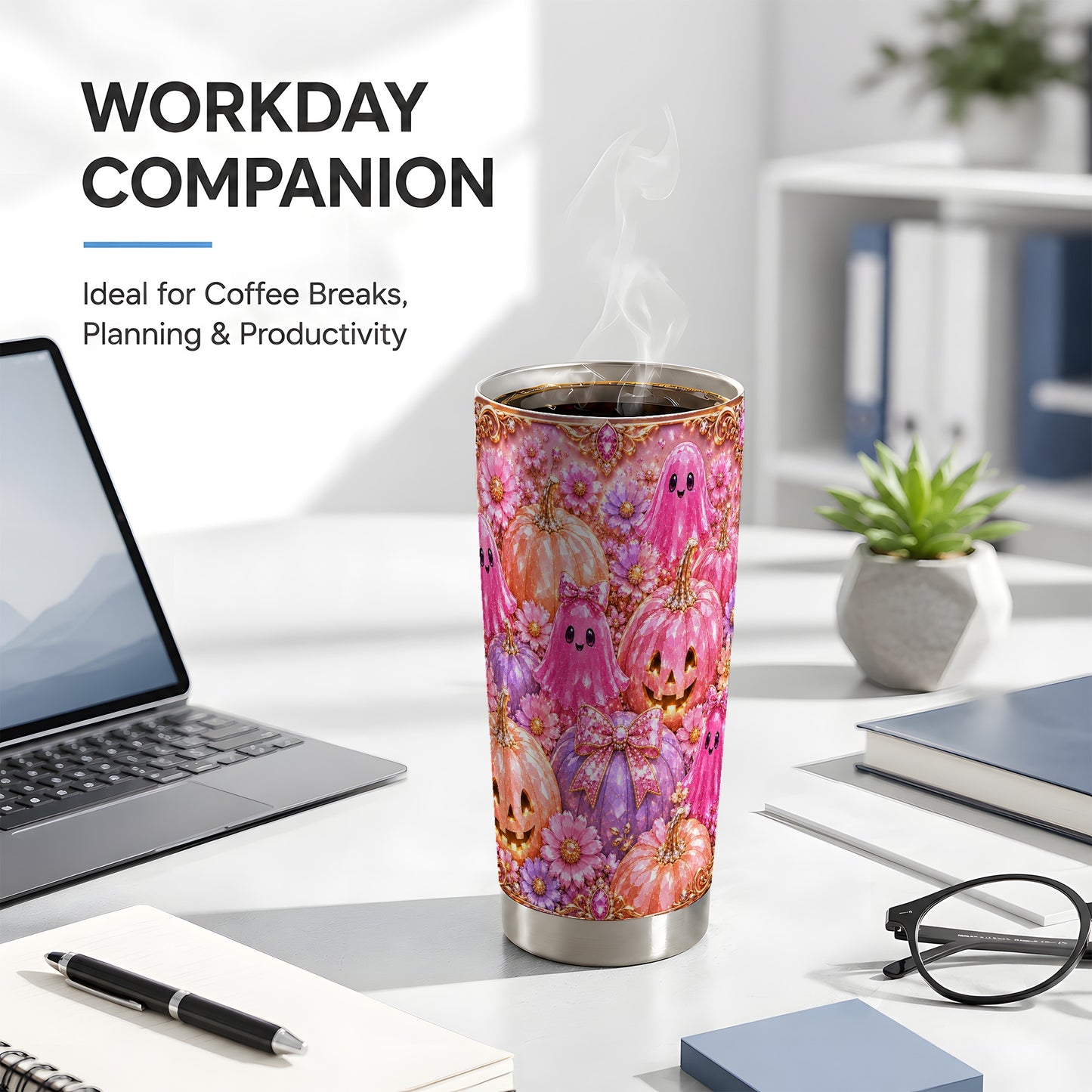 #pl[Steel] Pink Ghost Tumbler 20oz, Halloween Tumbler, Stainless Steel Travel Cup