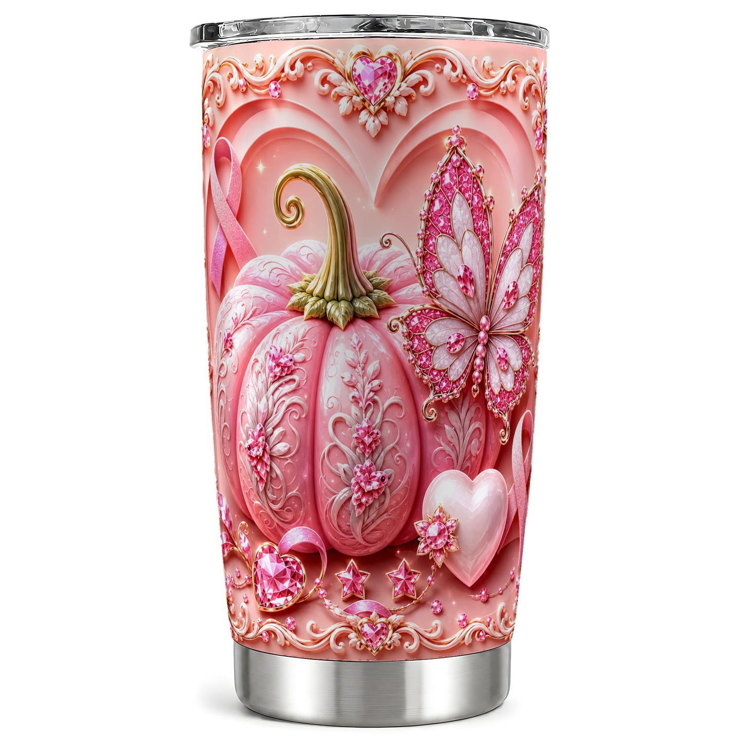 #pl[Steel] Pink Ribbon Tumbler 20oz, Awareness Tumbler, Stainless Steel Travel Cup